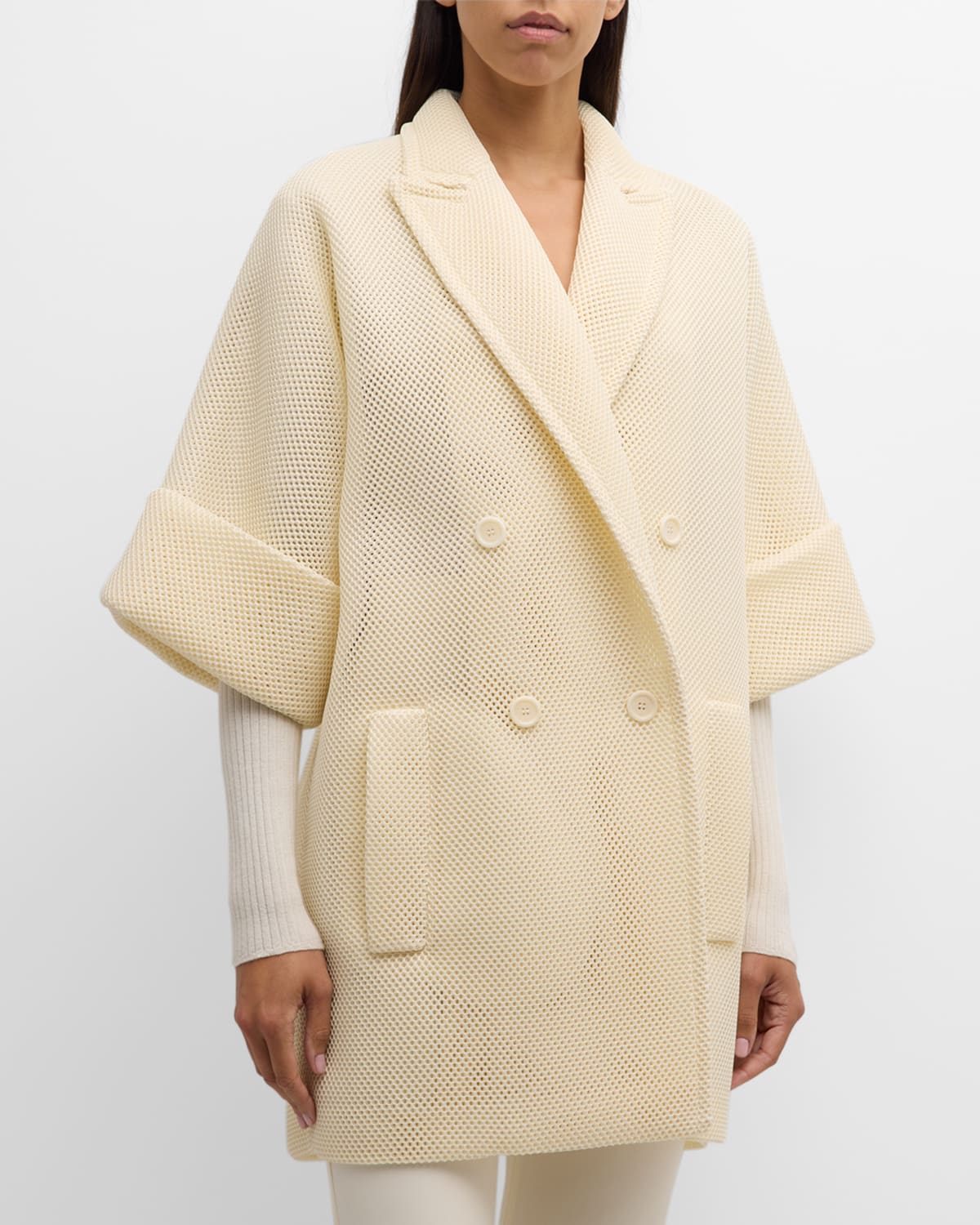 Max Mara Quatto Short-sleeve Double-breasted Mesh Coat In Neutral