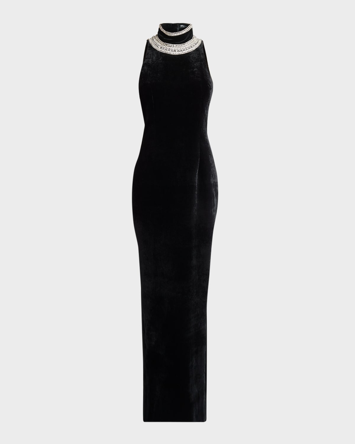 Balmain Faux Pearl-embellished Halterneck Velvet Gown In Black Crystal