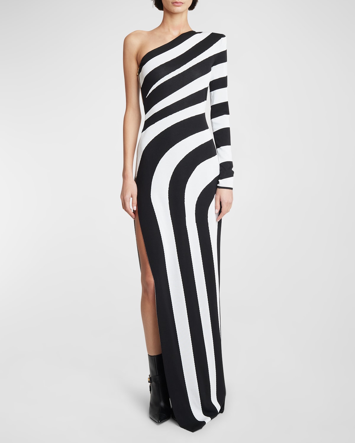 Shop Balmain One-shoulder Striped Knit Gown With Slit In Blk White