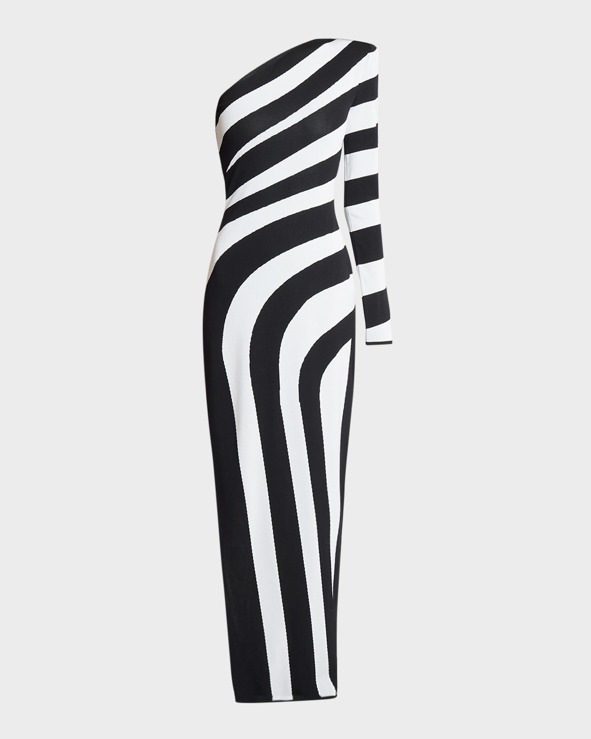 Shop Balmain One-shoulder Striped Knit Gown With Slit In Blk White