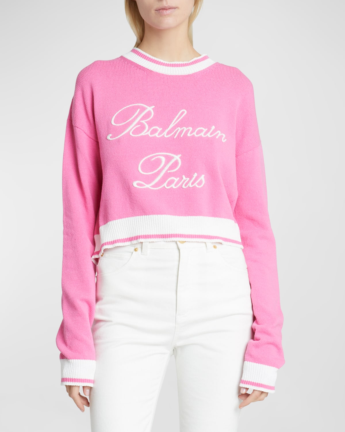 Shop Balmain Cropped Knit Sweater With Logo Detail In Rose Blanc