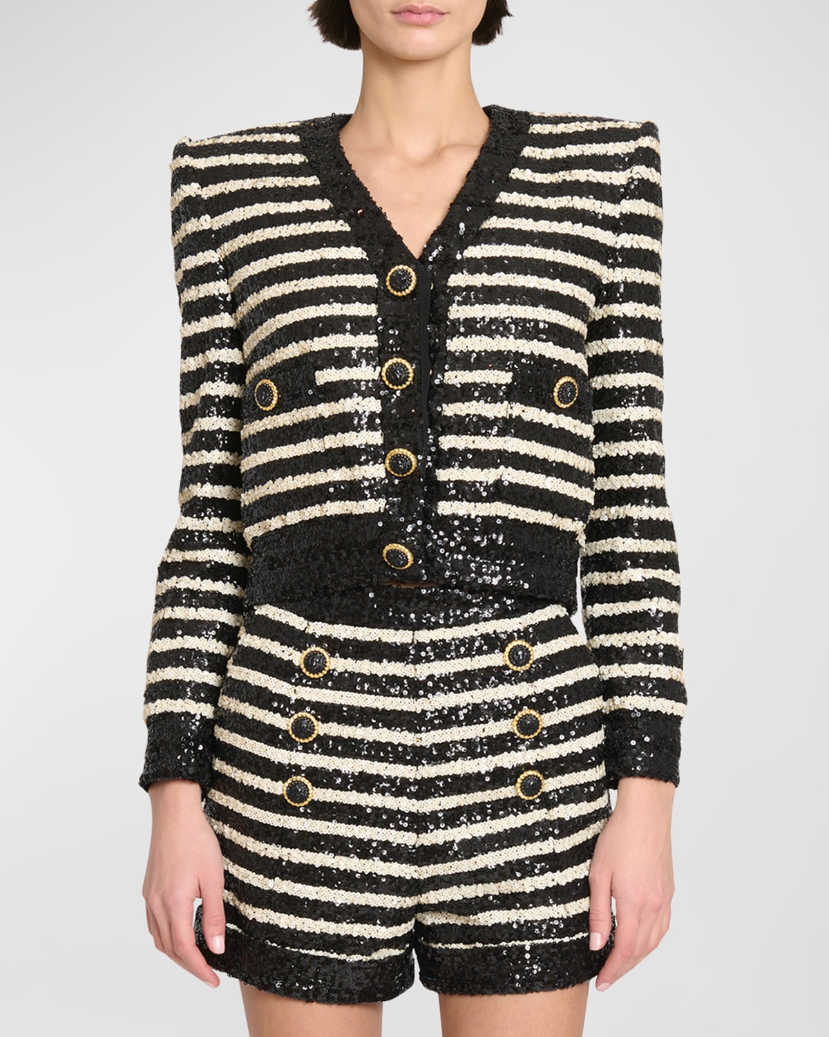 Shop Balmain Striped Sequined Crop Jacket With Button Details In Blk White