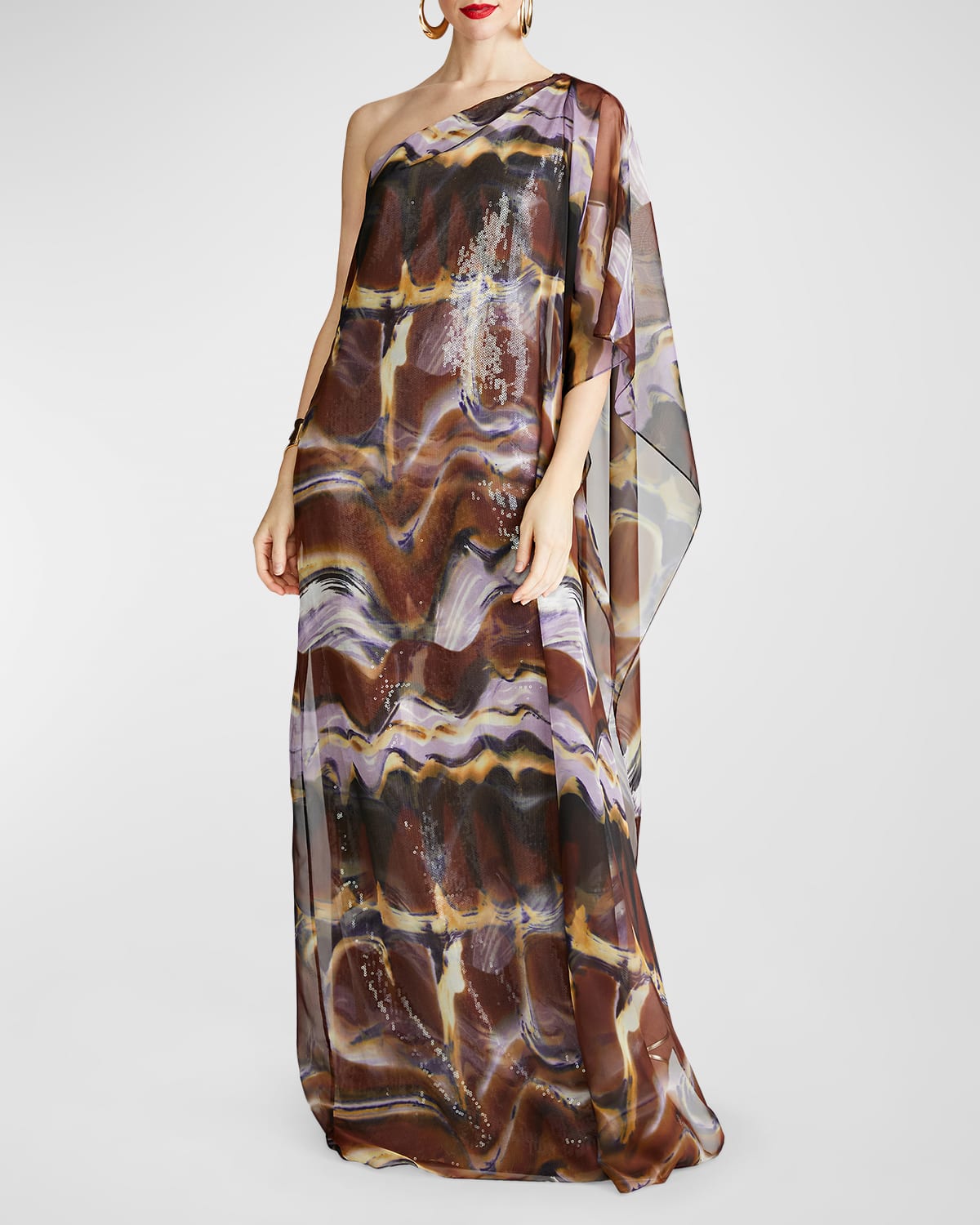 Halston Ushi One-shoulder Sequin Chiffon Gown In Brown