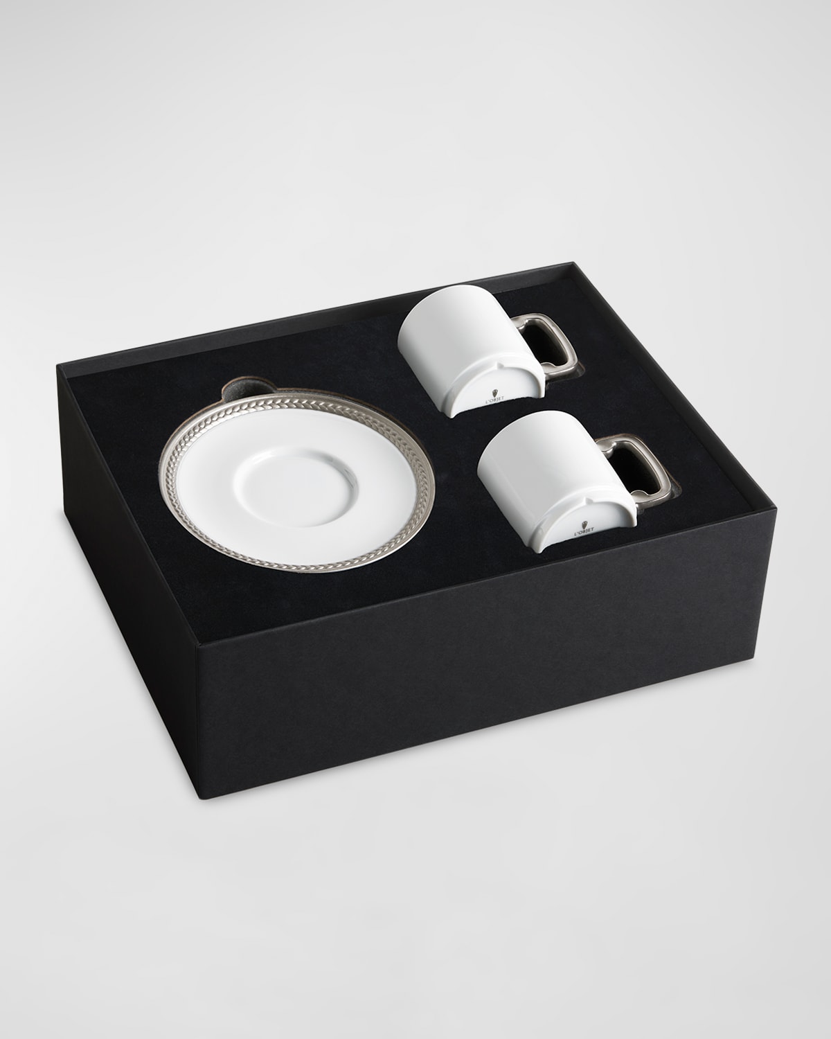 L'objet Soie Tressee Silver 3-piece Espresso Cup & Saucer Set In White/platinum