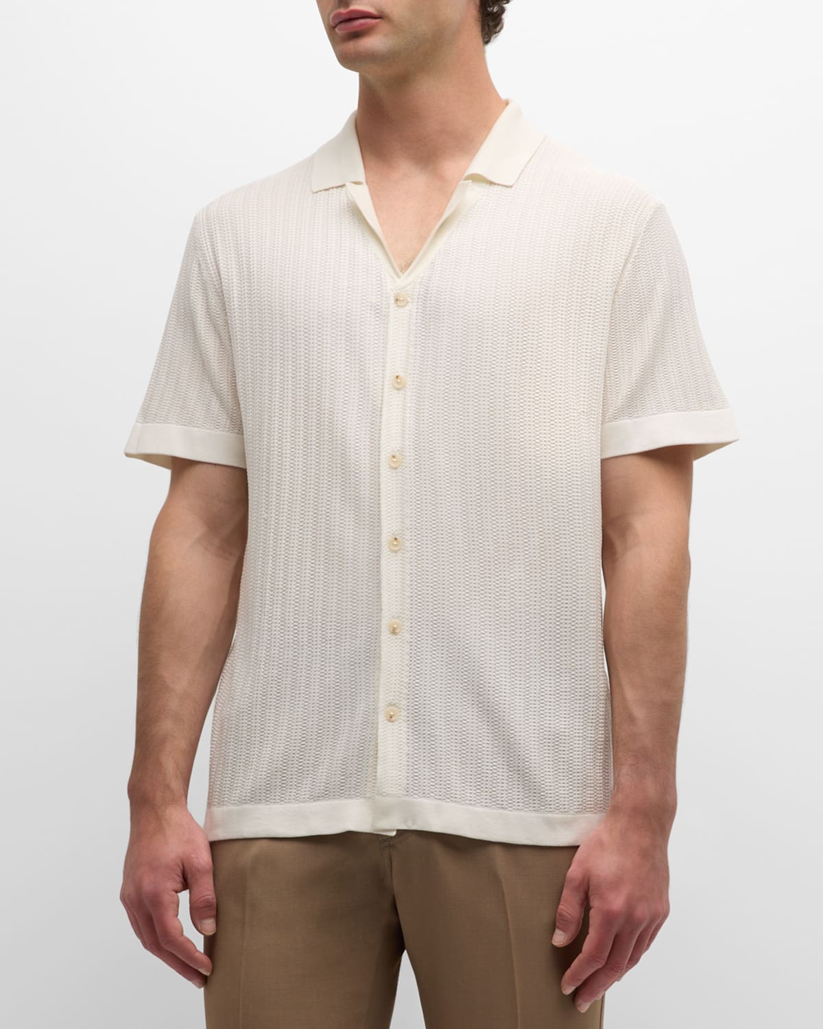 Shop Hugo Boss Men's Textured Silk Short-sleeve Knit Button-front Shirt In Wht