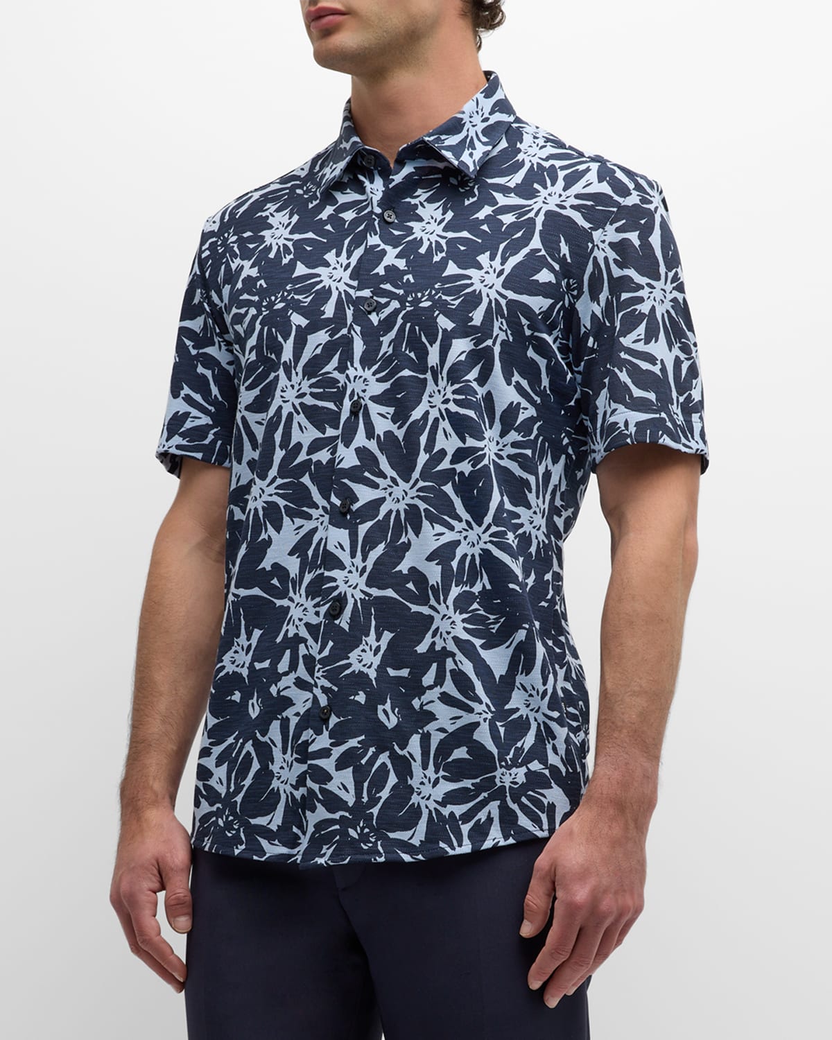 Shop Hugo Boss Men's Floral-print Short-sleeve Leisure Shirt In Dk Bu