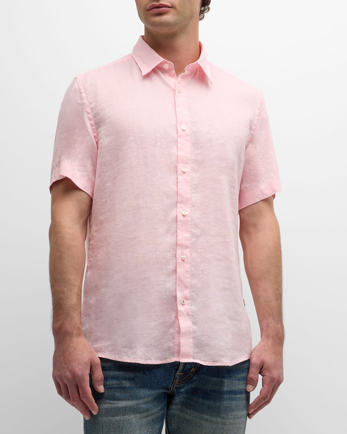 Shop Hugo Boss Men's Solid Linen Short-sleeve Leisure Shirt In Open Pnk