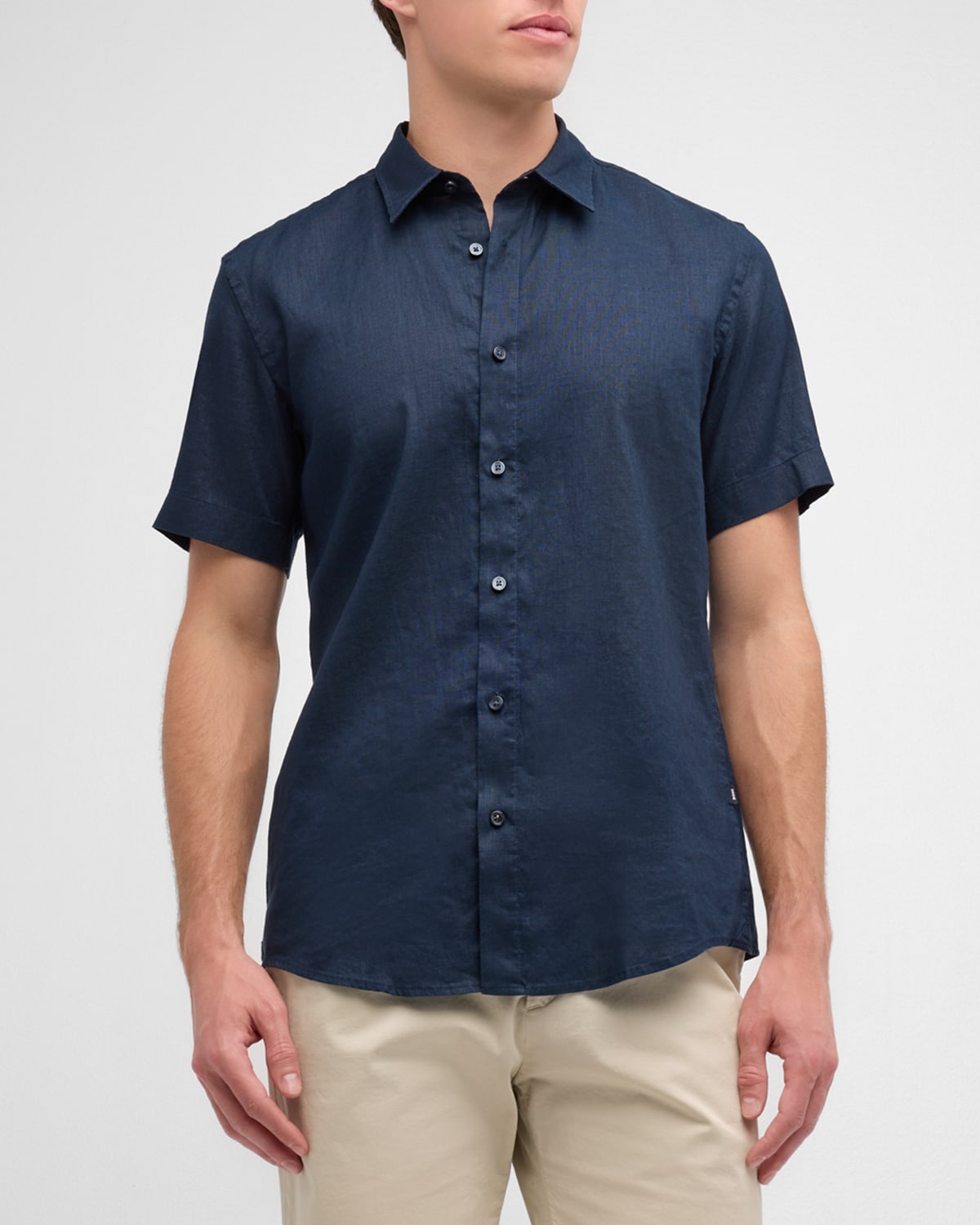 Shop Hugo Boss Men's Solid Linen Short-sleeve Shirt In Dk Bu