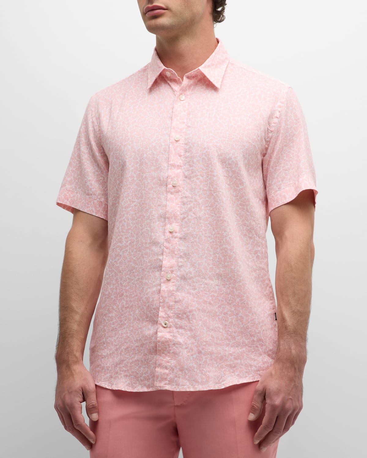 Shop Hugo Boss Men's Floral-print Linen Short-sleeve Leisure Shirt In Lt Past/pk