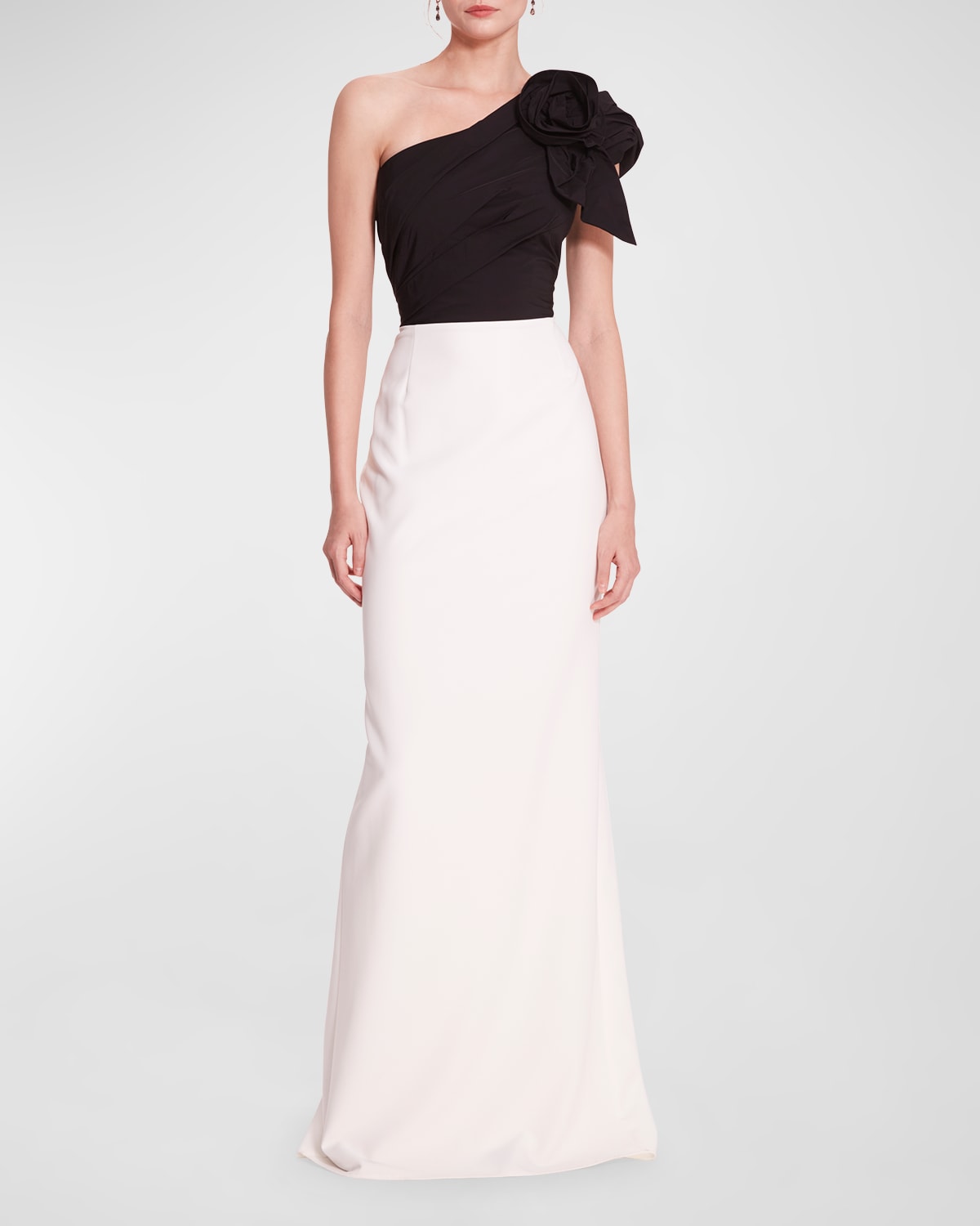 Pleated One-Shoulder Two-Tone Column Gown