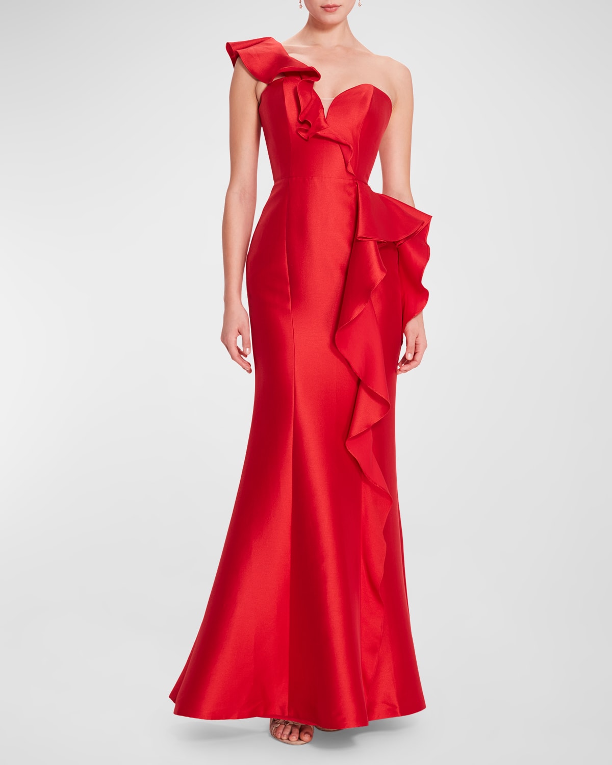 Shop Marchesa Notte One-shoulder Ruffle Trumpet Gown In Red