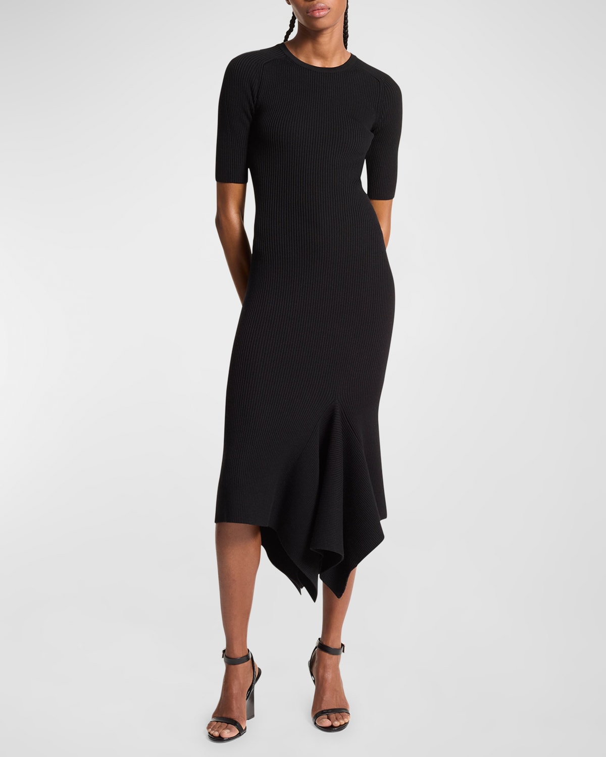 Draped Asymmetric Wool Midi Dress