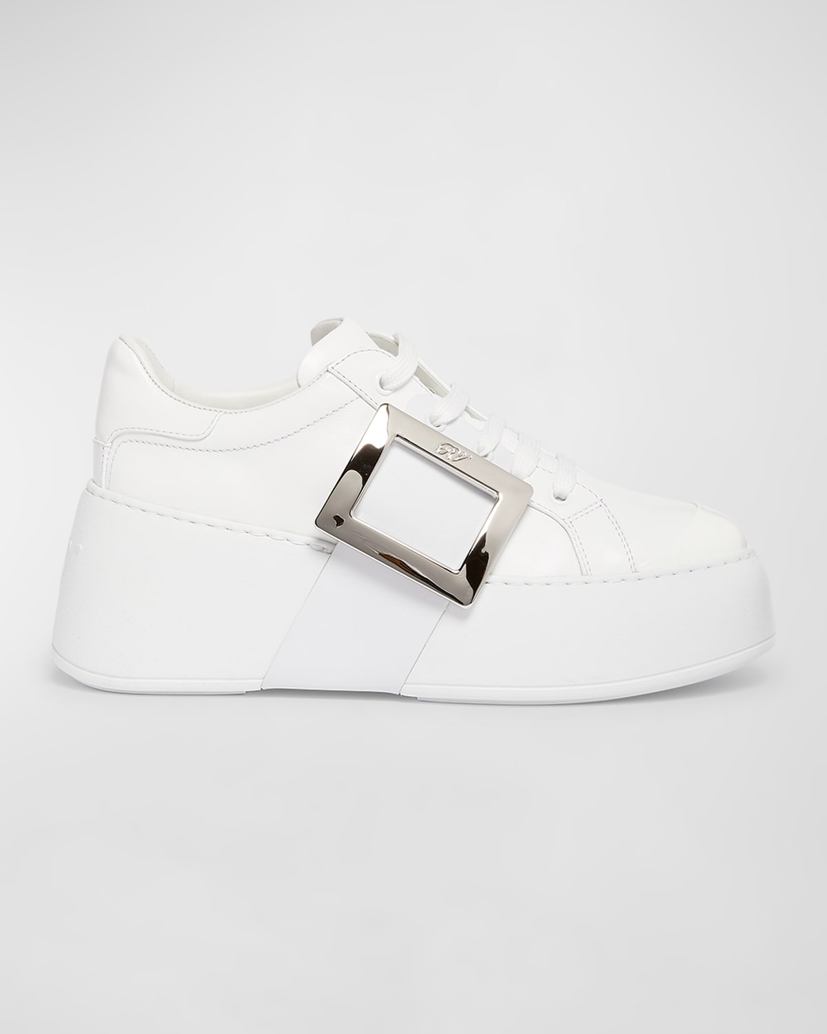 Shop Roger Vivier Viv Skate Leather Buckle Sneakers In Bianco