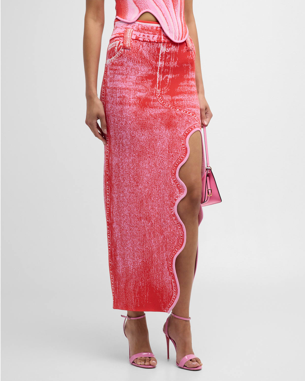 Ph5 Lily Denim-print Asymmetric Midi Skirt In Pink