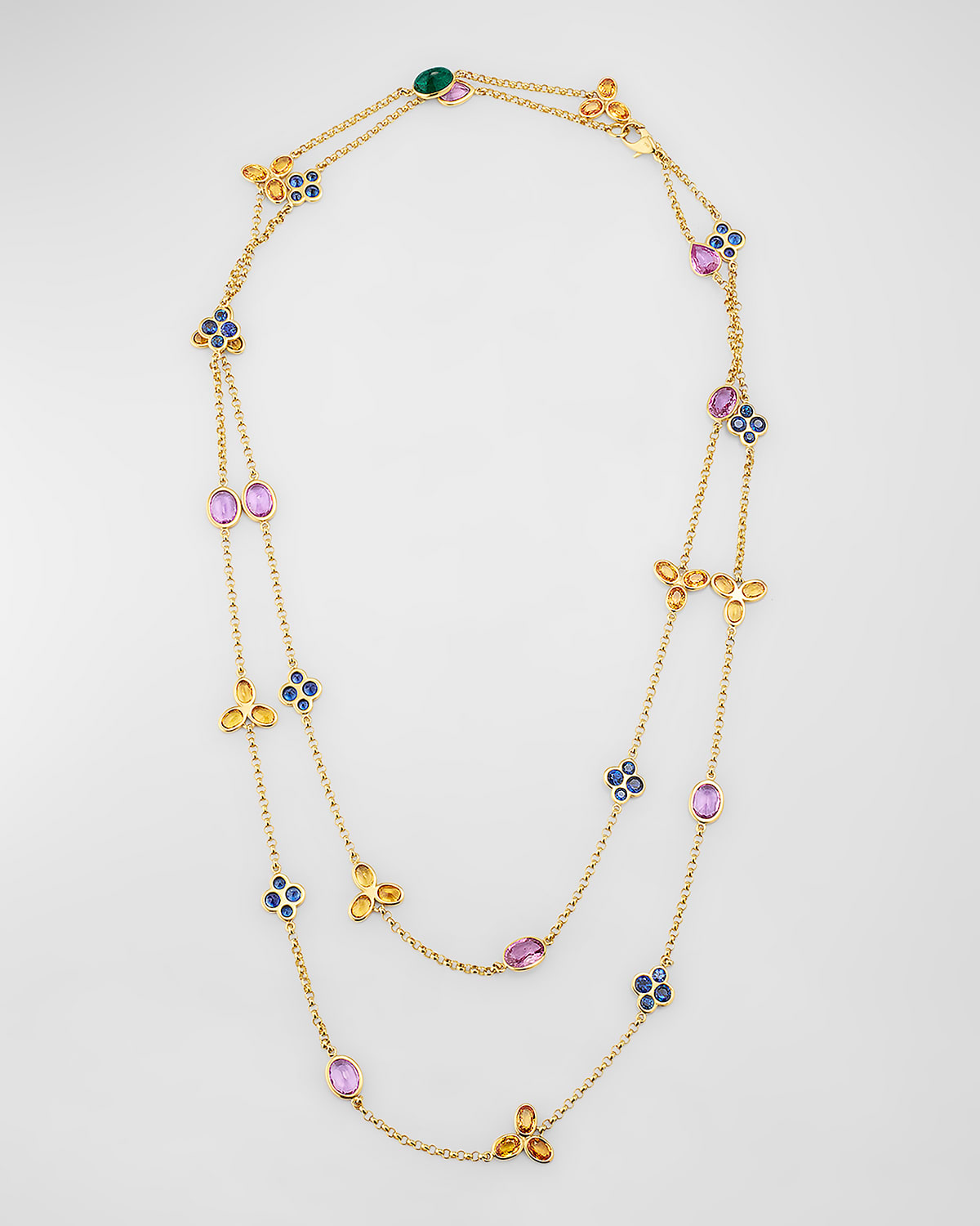 Shop Alexander Laut 18k Yellow Gold Orange Sapphire, Blue Sapphire And Pink Sapphire Long Necklace In Emerlads Sapphires