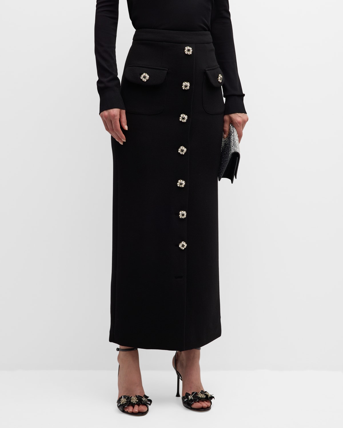 Adam Lippes Dakota Wool Crepe Pencil Skirt With Crystal Buttons In Black