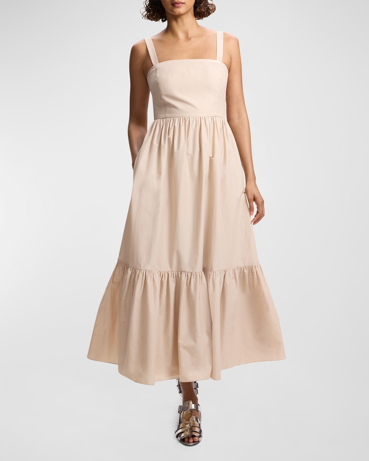 Shop Theory Sleeveless Square-neck Tiered Poplin Midi Dress In Soft Gold