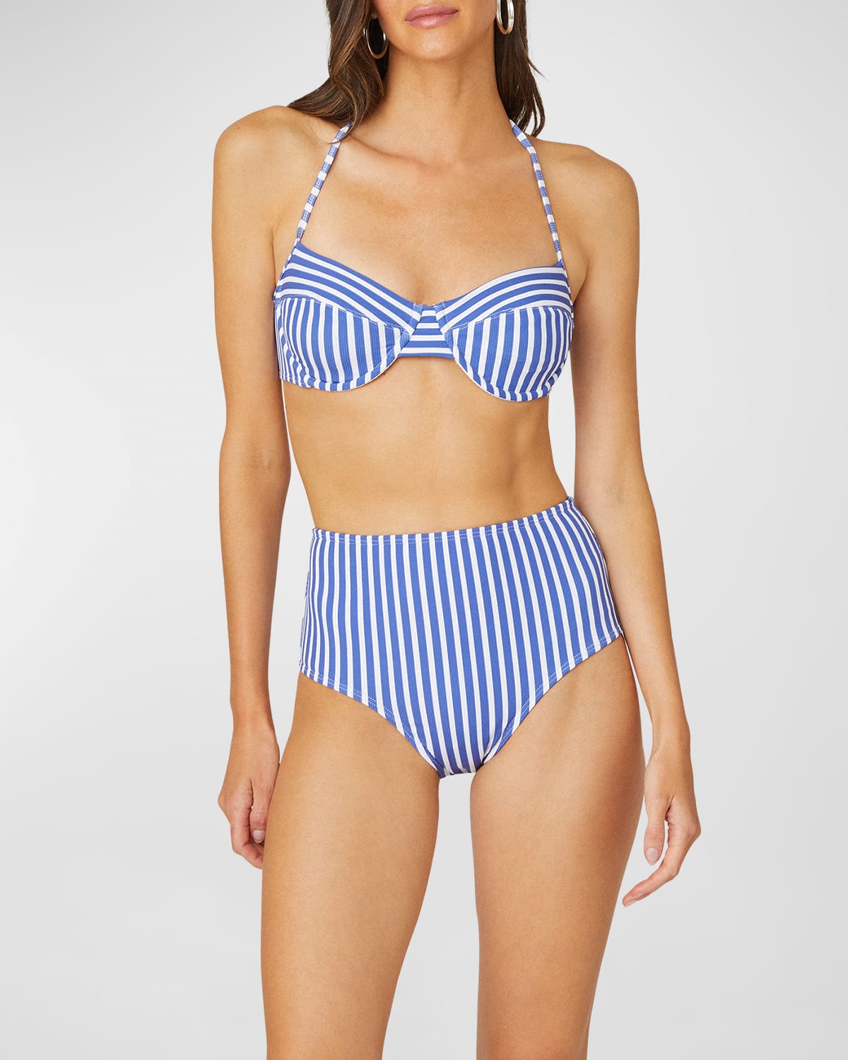 Shop Shoshanna Striped High-waist Bikini Bottoms In Sea Blue