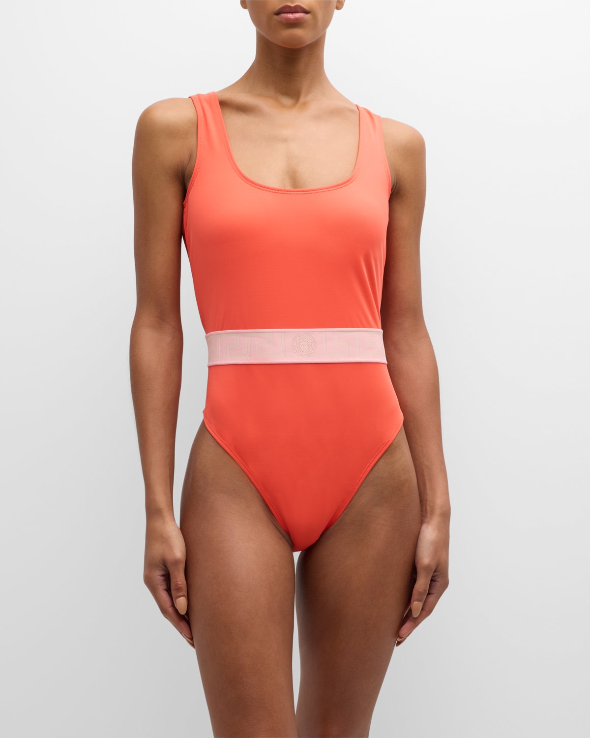 Shop Versace Greca Border One-piece Swimsuit In 2rb10 Coral Dusty Rose Ivory