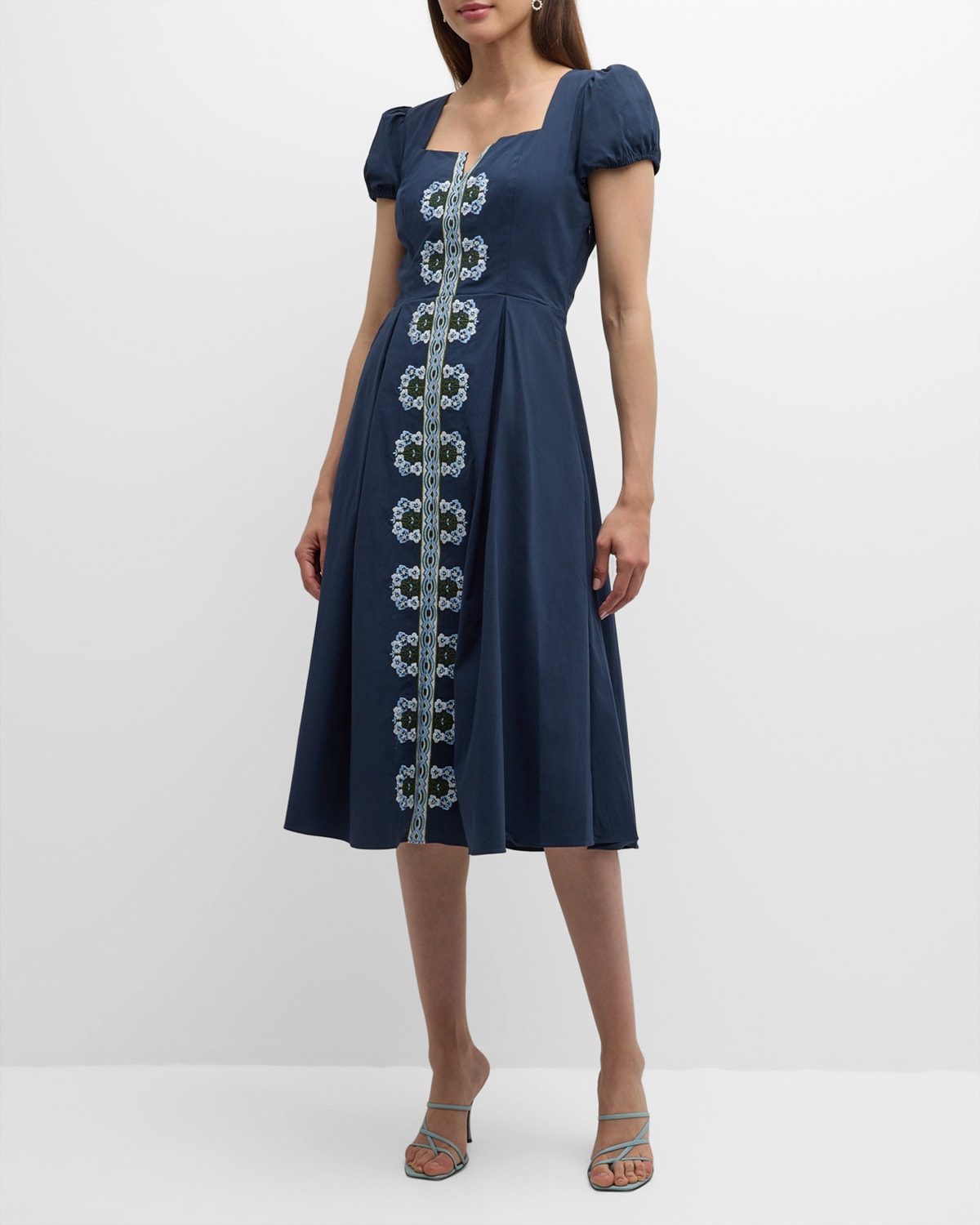 Shop Elie Tahari The Faye Pleated Floral-embroidered Midi Dress In Oxford Blue