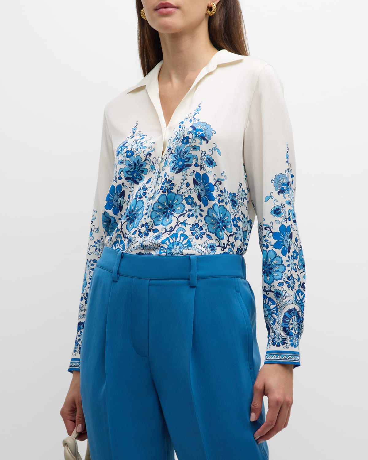 Elie Tahari The Madeline Floral-print Silk Blouse In Blue