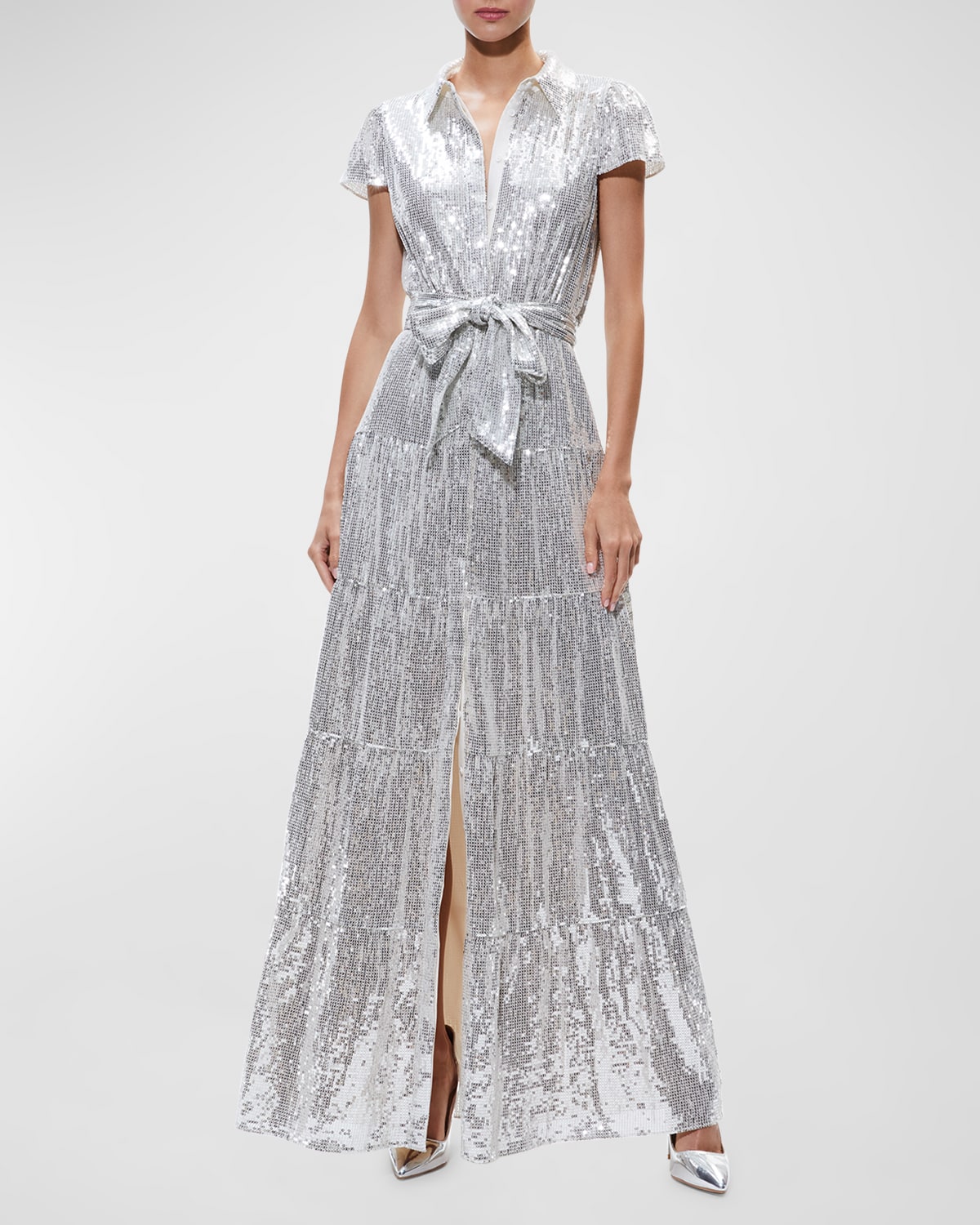 Shop Alice And Olivia Miranda Short-sleeve Sequined Maxi Dress In Silver