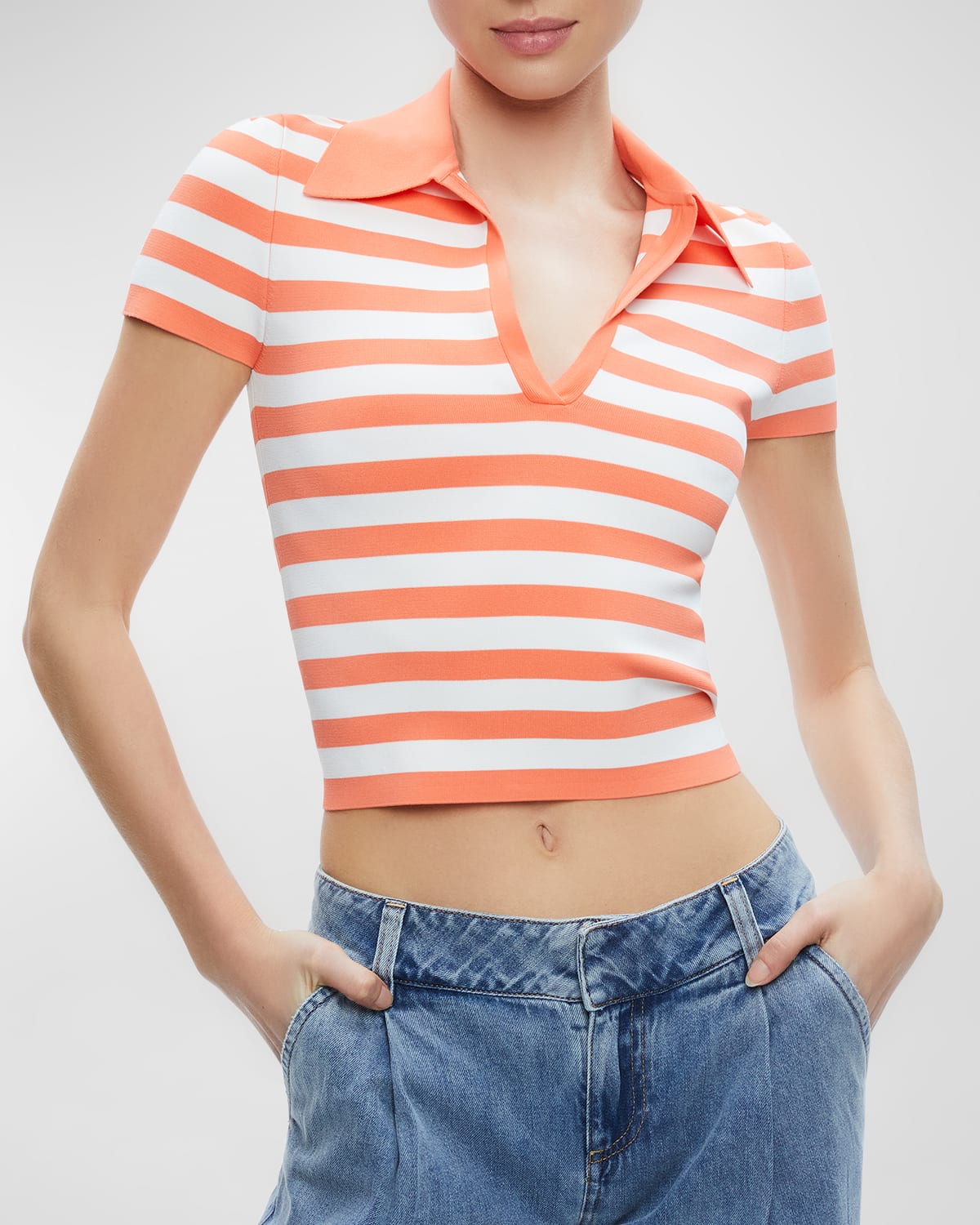 Shop Alice And Olivia Martha Stripe Cropped Polo Top In Coral/soft White