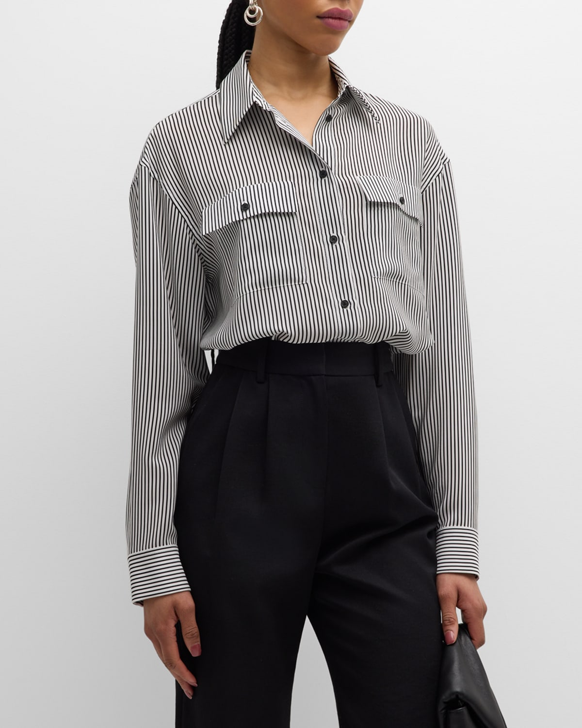 Shop Nili Lotan Ellias Striped Silk Button-front Shirt In White/black Stripe