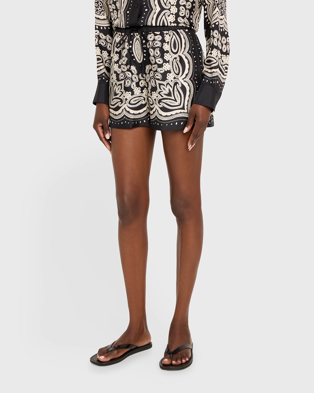 Shop Nili Lotan Frances Bandana-print Silk Pull-on Shorts In Black/ivory Bandana