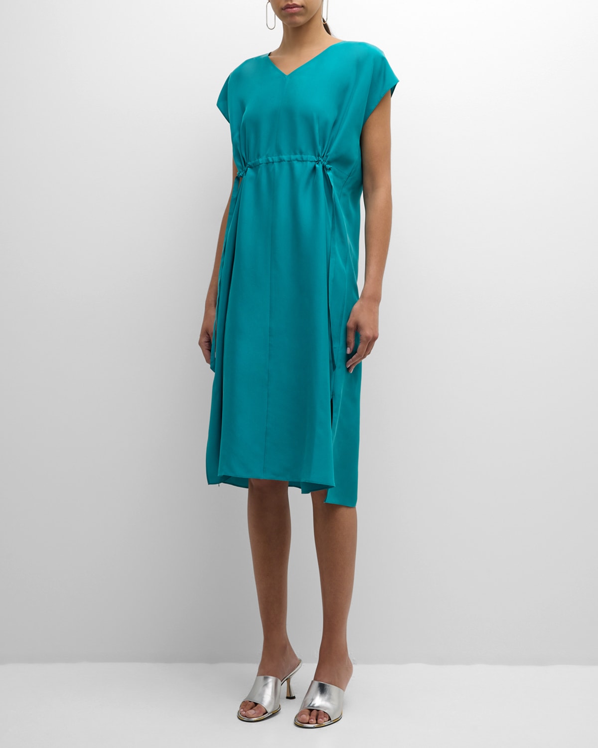 Shop Eileen Fisher Dolman-sleeve Washed Silk Midi Dress In Esmeralda