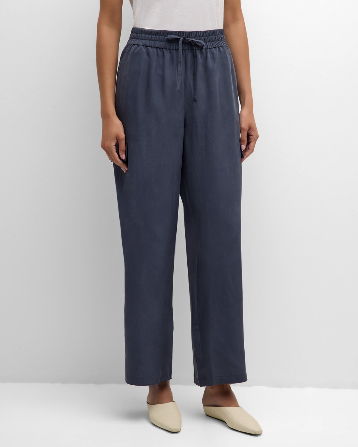 Shop Eileen Fisher Cropped Washed Silk Cargo Pants In Ocean