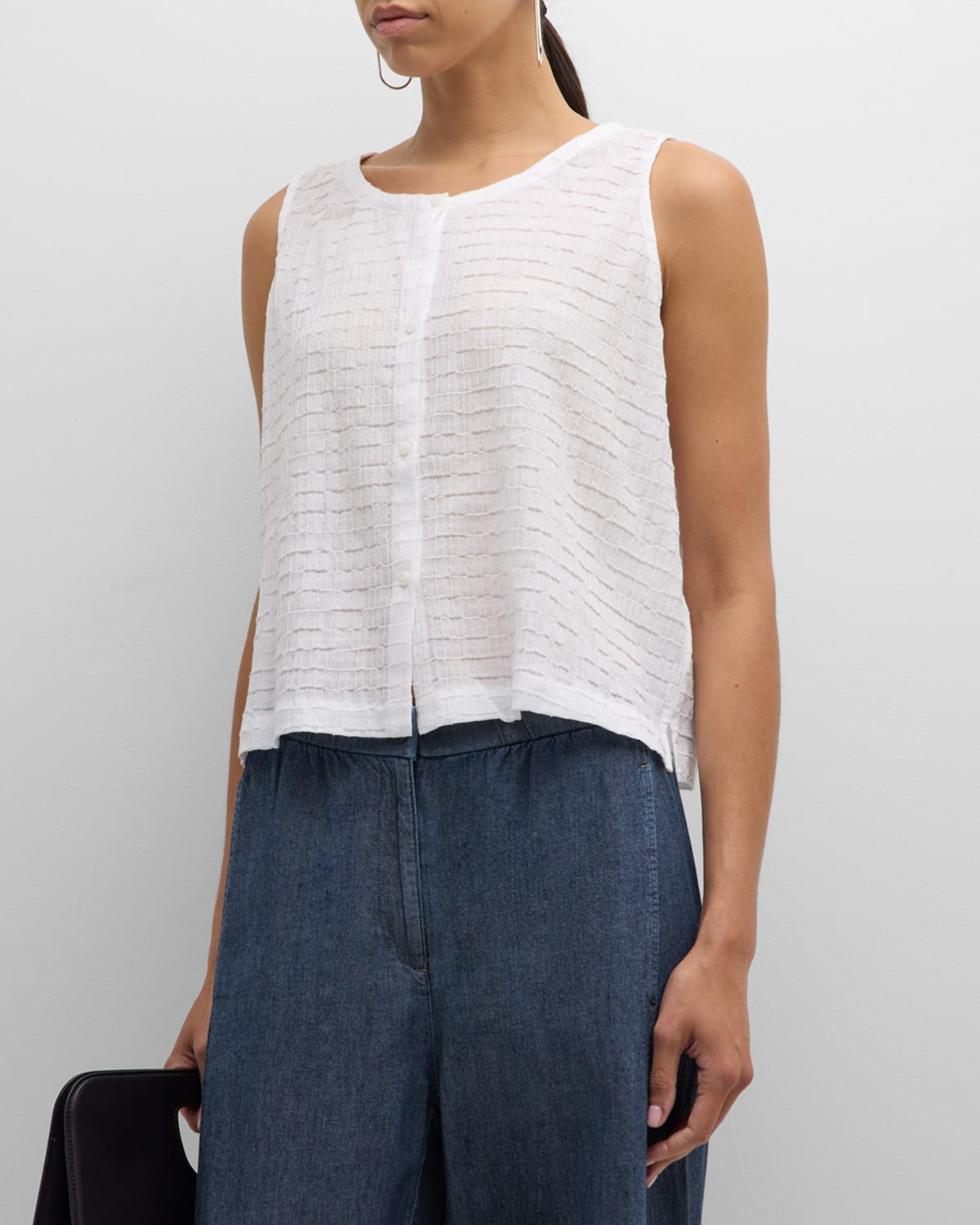 Eileen Fisher Grid Organic Cotton Voile Boxy Shirt In White