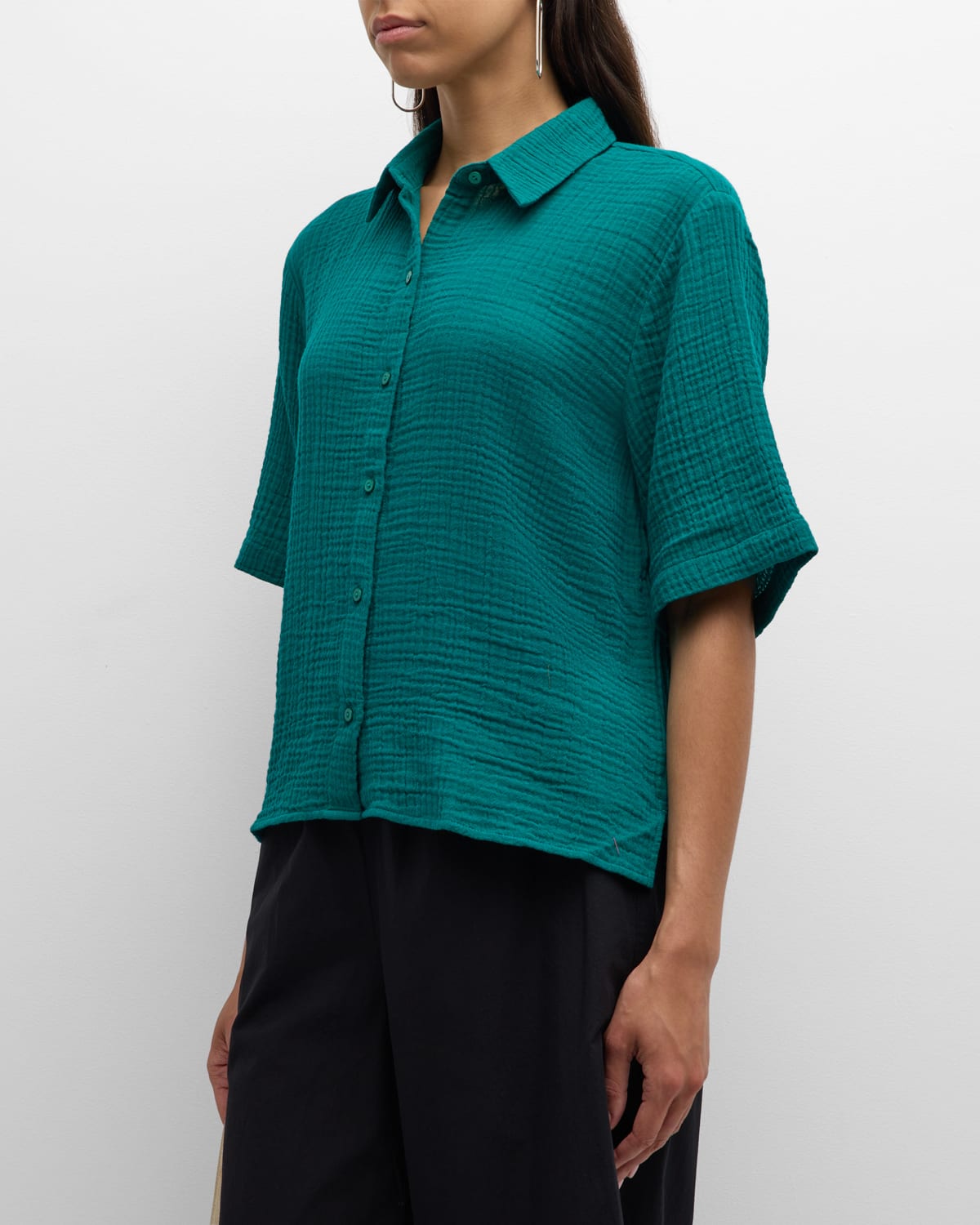 Shop Eileen Fisher Button-down Organic Cotton Gauze Shirt In Esmeralda