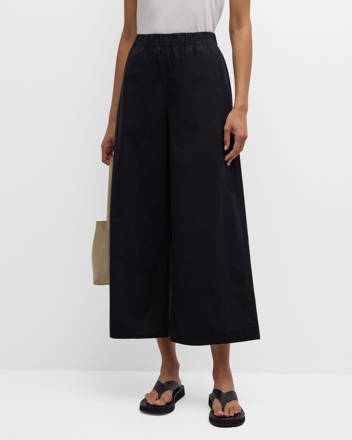 Shop Eileen Fisher Cropped Wide-leg Organic Cotton Poplin Pants In Black
