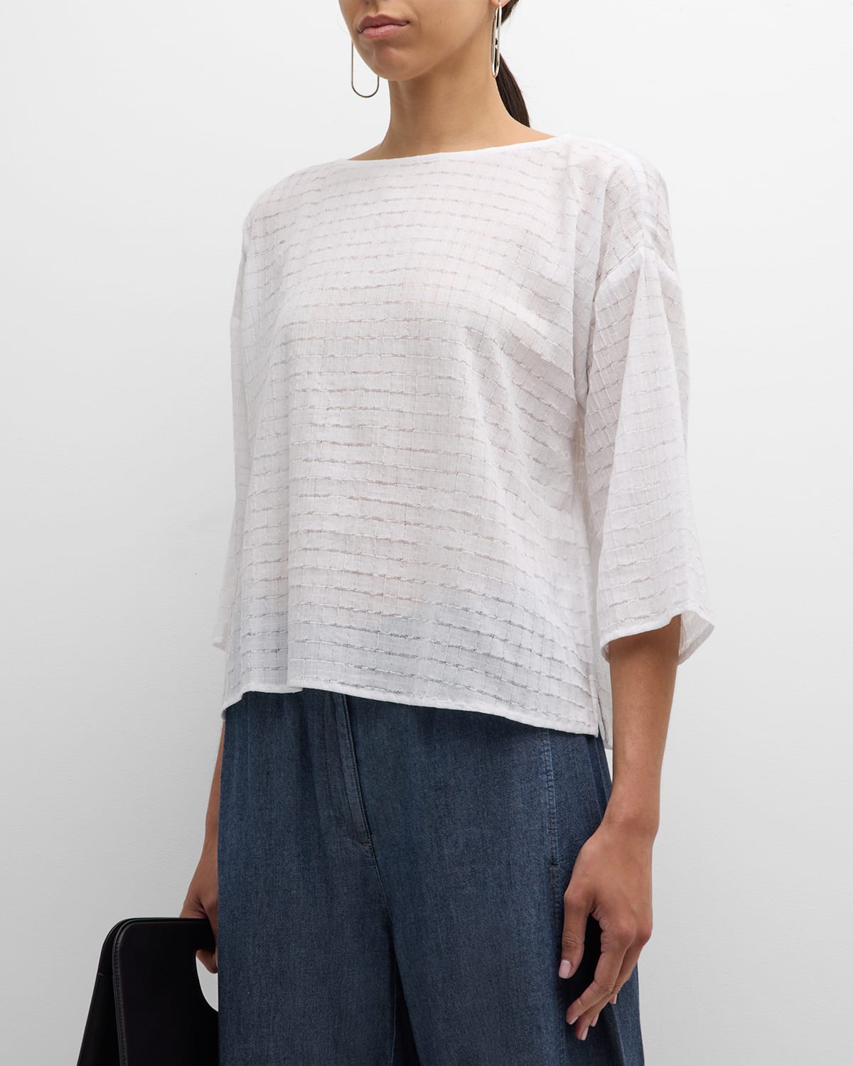 Eileen Fisher Bateau-neck Grid Organic Cotton Voile Shirt In White