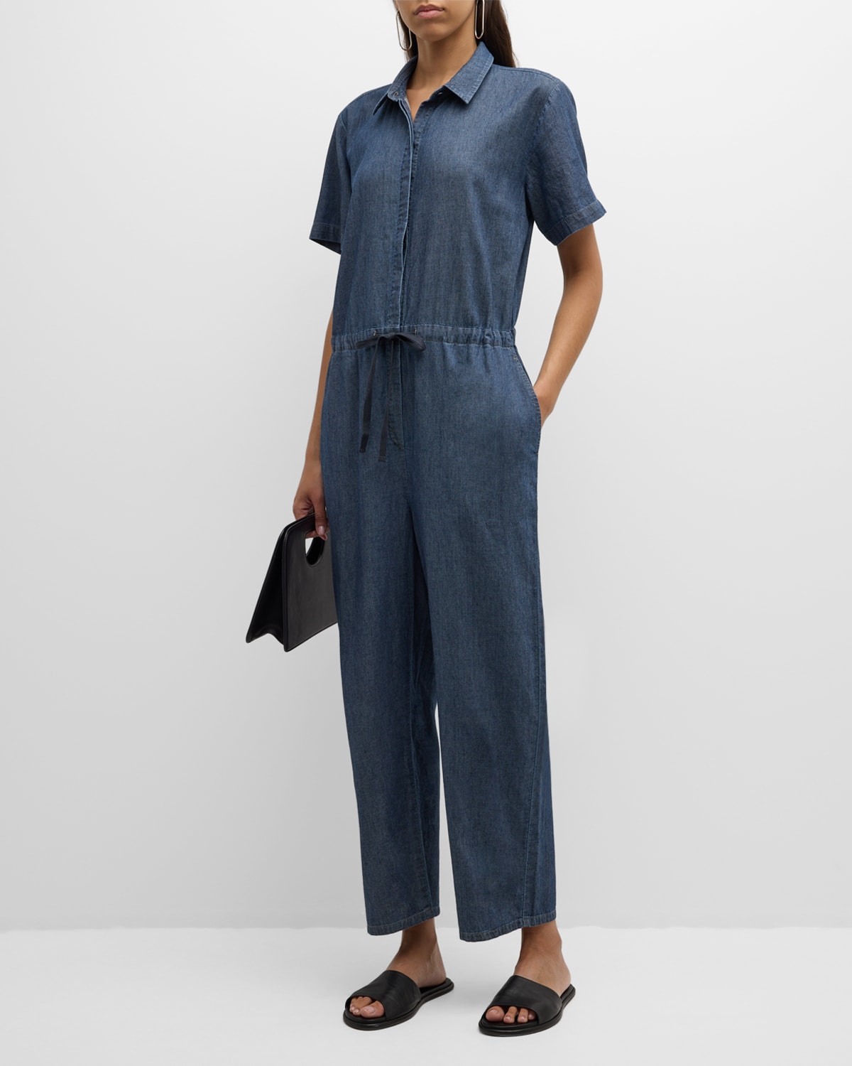 Shop Eileen Fisher Cropped Organic Cotton Twill Jumpsuit In Denim