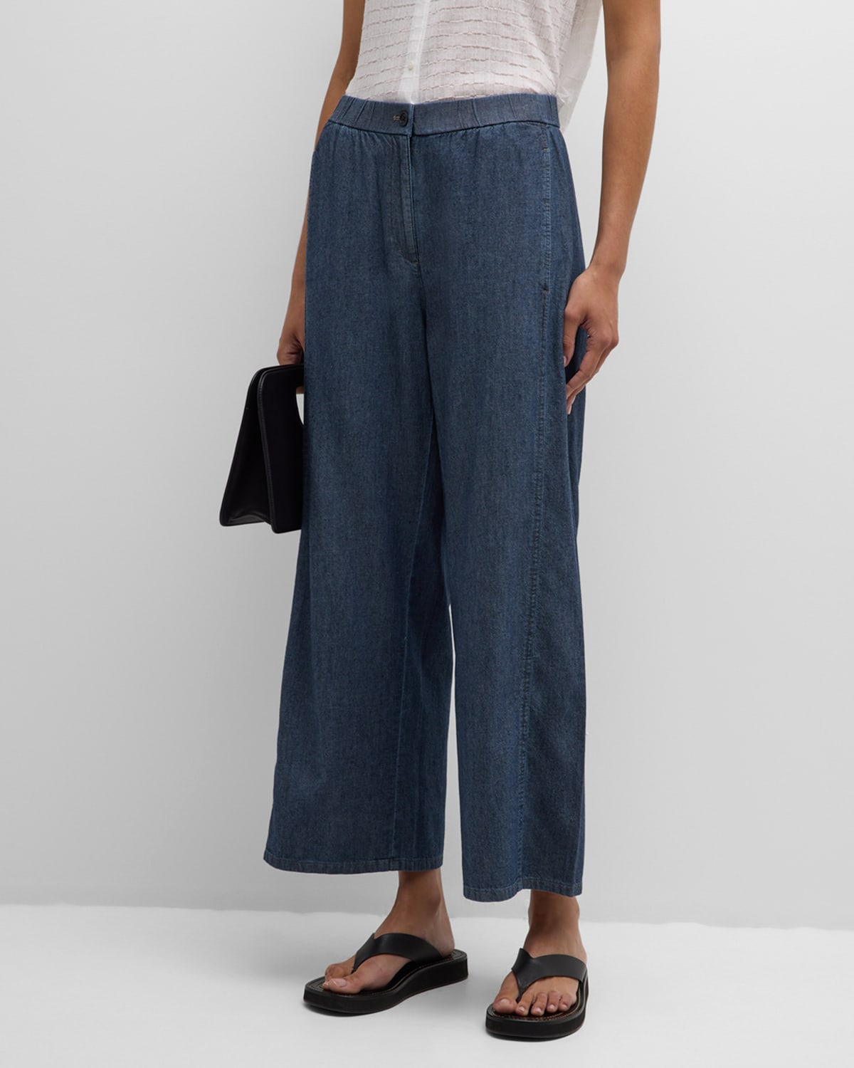 Shop Eileen Fisher Cropped Wide-leg Organic Cotton Twill Pants In Denim