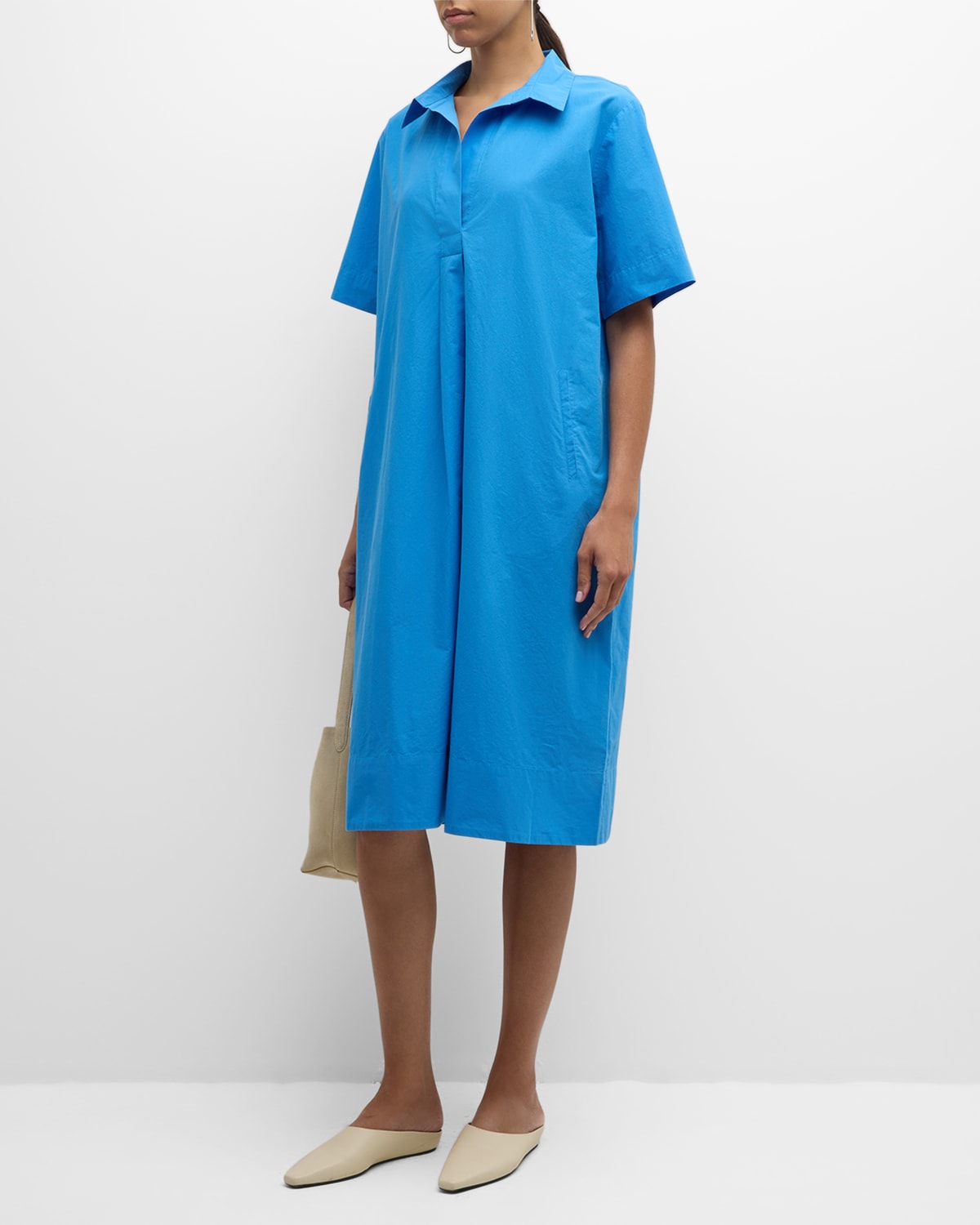Shop Eileen Fisher Pleated Organic Cotton Poplin Midi Shirtdress In Calypso