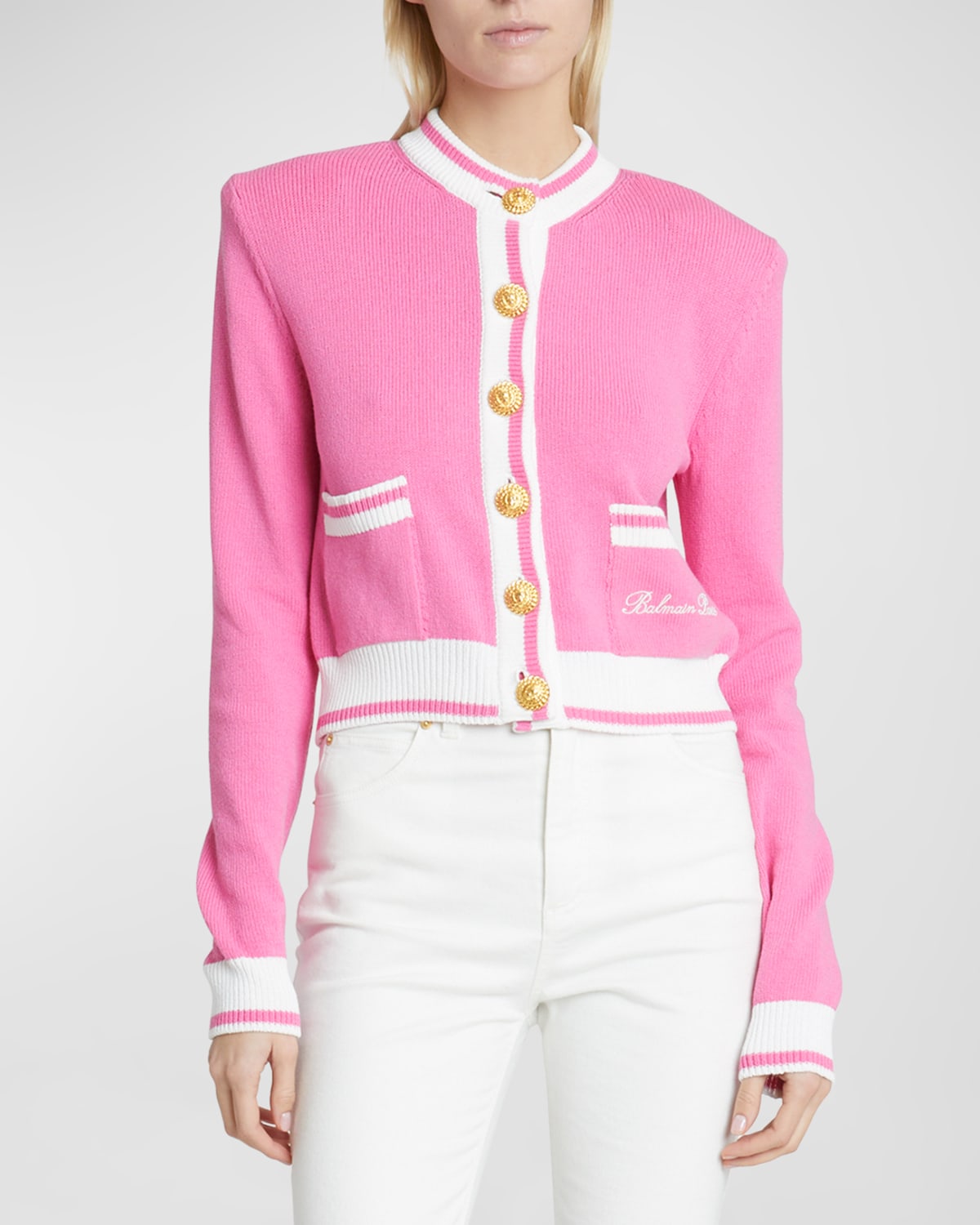 Balmain Strong-shoulder Signature Buttoned Knit Cardigan In Pink