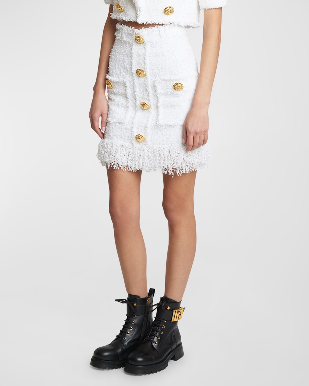 Shop Balmain High-waist Fringed Tweed Mini Skirt In White