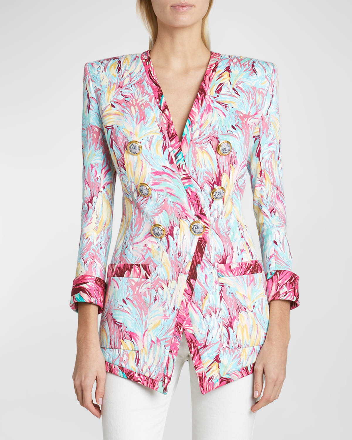 Balmain Feather-print Collarless Long Double-breasted Jacket In Multi