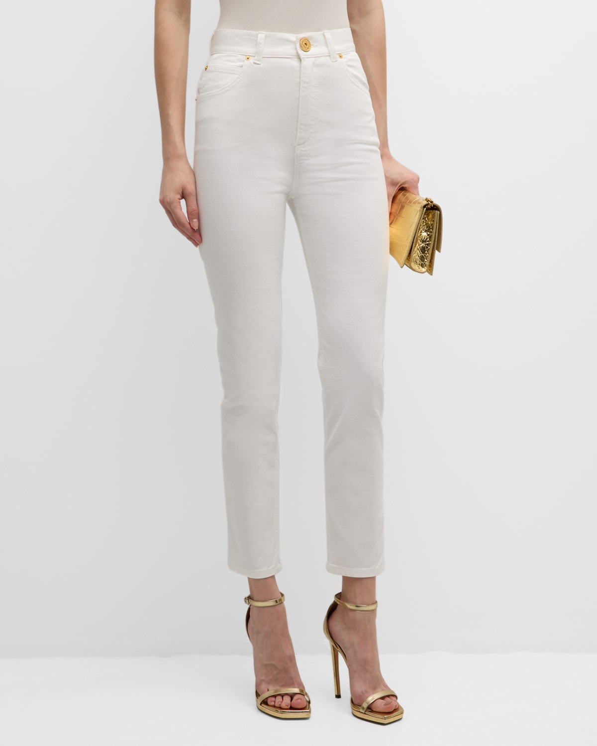 Shop Balmain Five-pocket High-waist Slim Denim Crop Pants In White