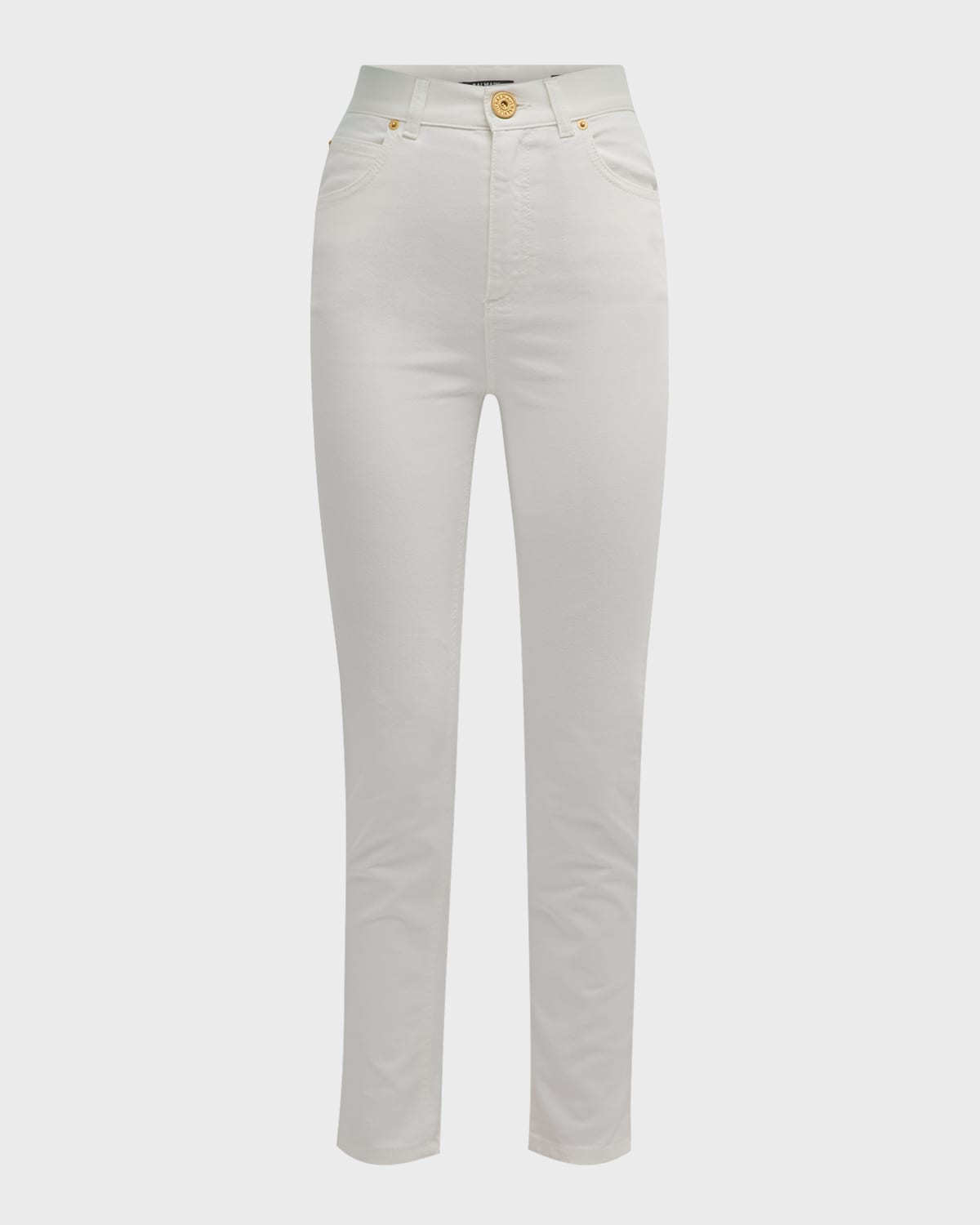 Shop Balmain Five-pocket High-waist Slim Denim Crop Pants In White