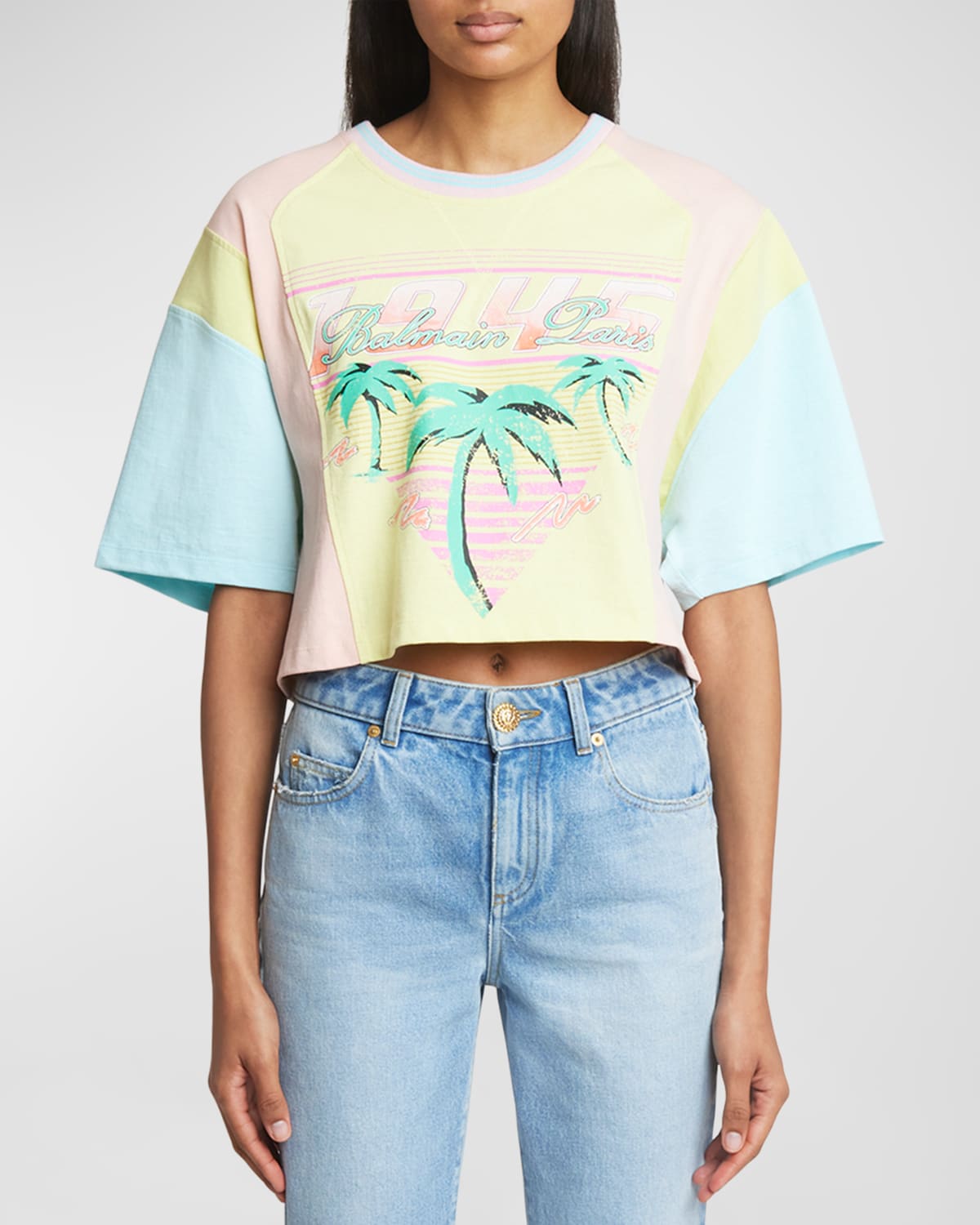 Balmain Palm Tree Colorblock Short-sleeve Logo Crop T-shirt In Multi