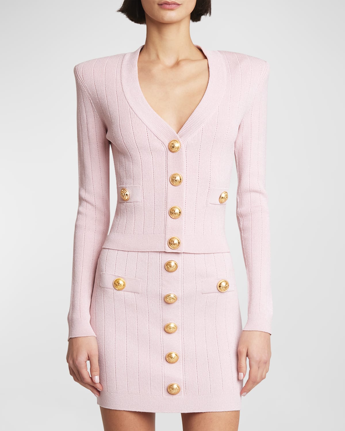 Balmain Buttoned Knit Cropped Cardigan In Pink
