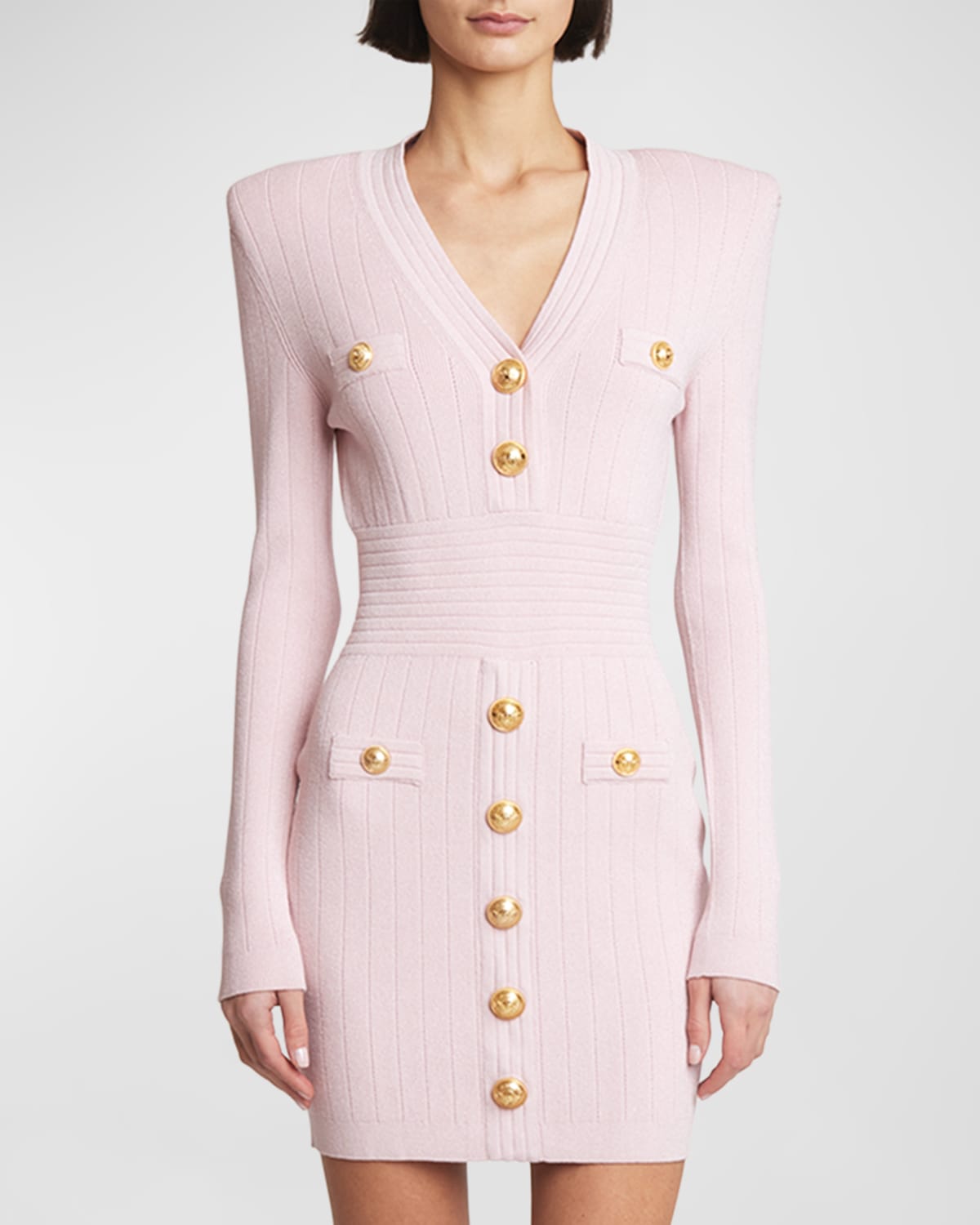 Shop Balmain Long-sleeve Buttoned Short Knit Dress In Lt Pink