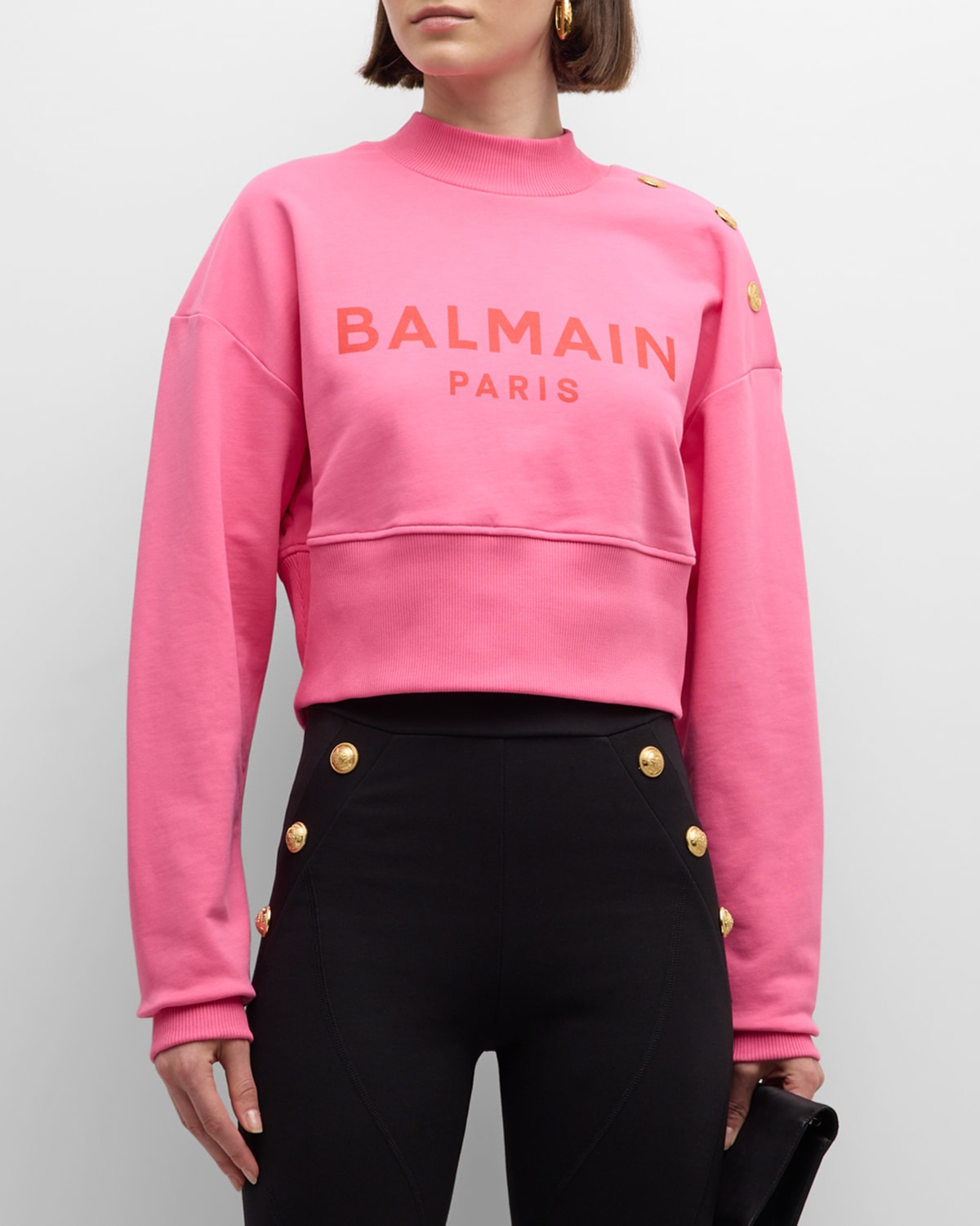 Shop Balmain 3-button Logo Crop Sweatshirt In Pinkred