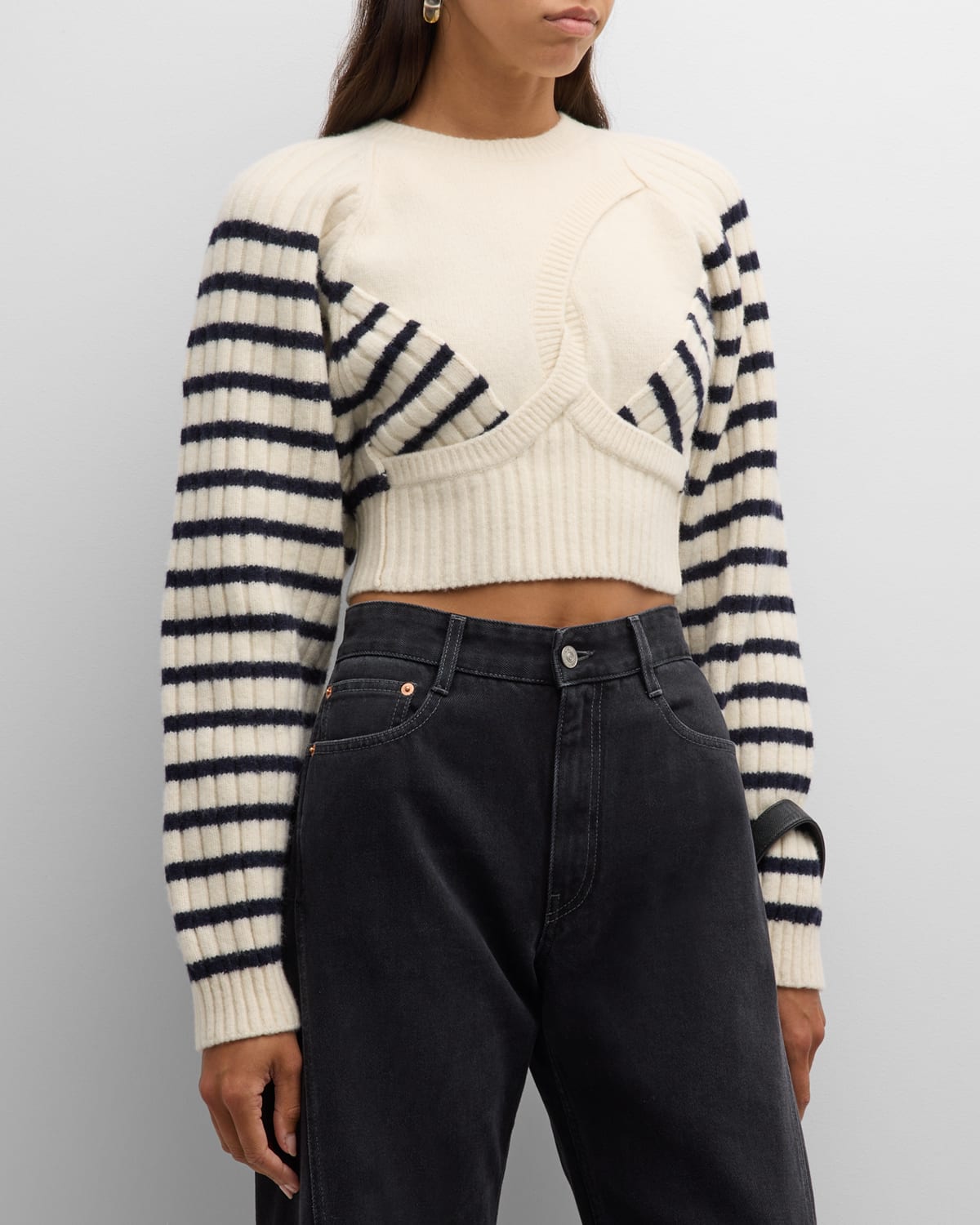Ribbed Mariniere Cropped Knit Pullover
