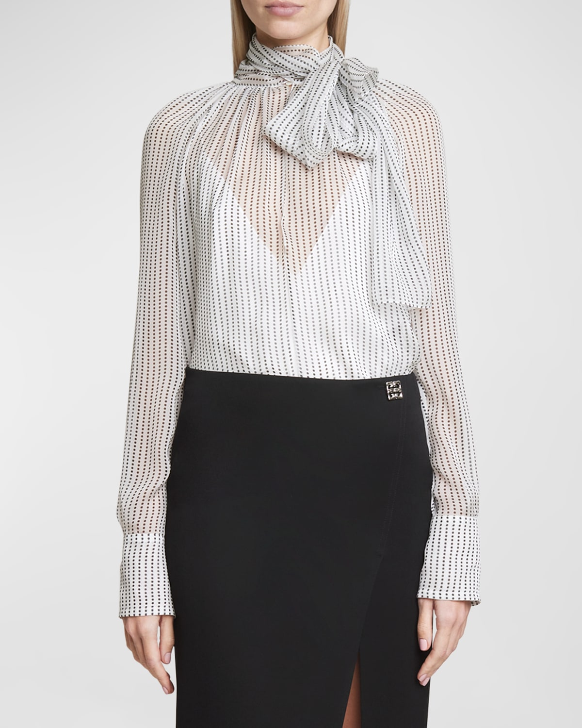 Givenchy Tie-neck Sheer Dotted Silk Blouse In White
