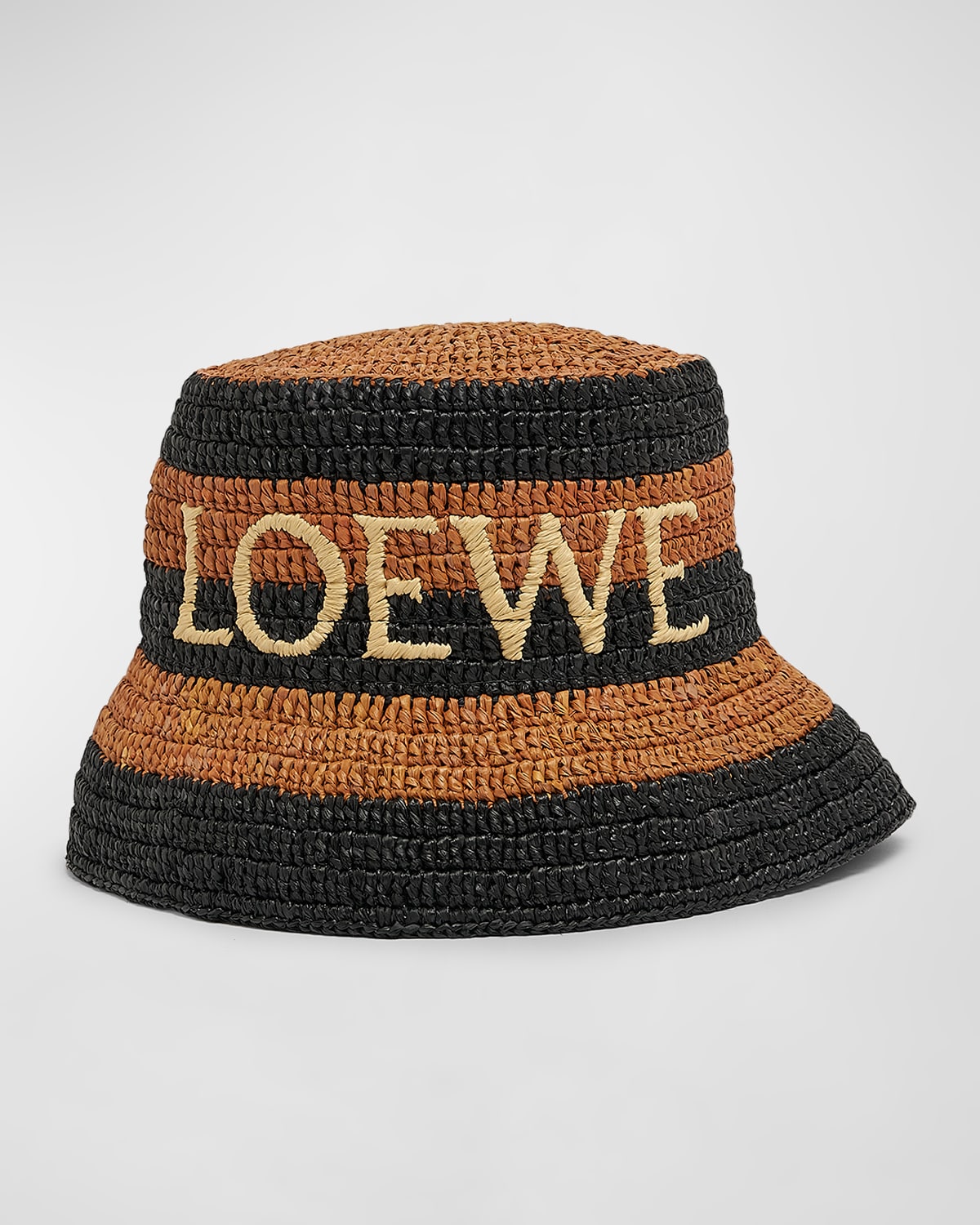 Shop Loewe Striped Logo Raffia Bucket Hat In 1040 Black Honey Gold